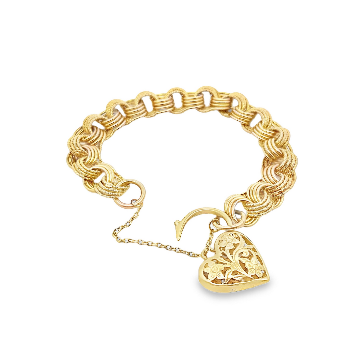 Vintage Matte and Polished 9ct Gold Curb Link Bracelet with Large Floral Heart Clasp