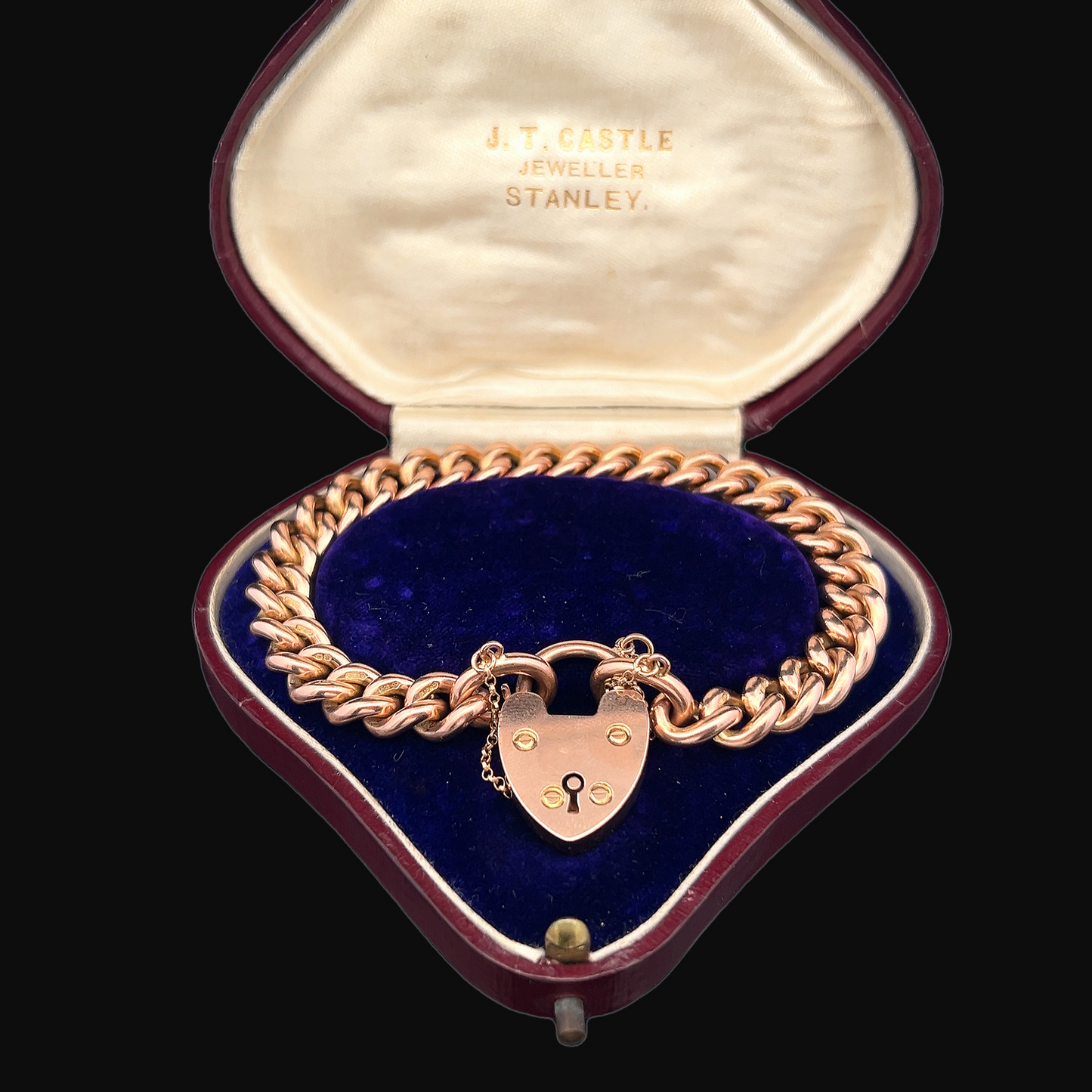 Antique Edwardian 9ct Rose Gold Curb Bracelet with Original Padlock