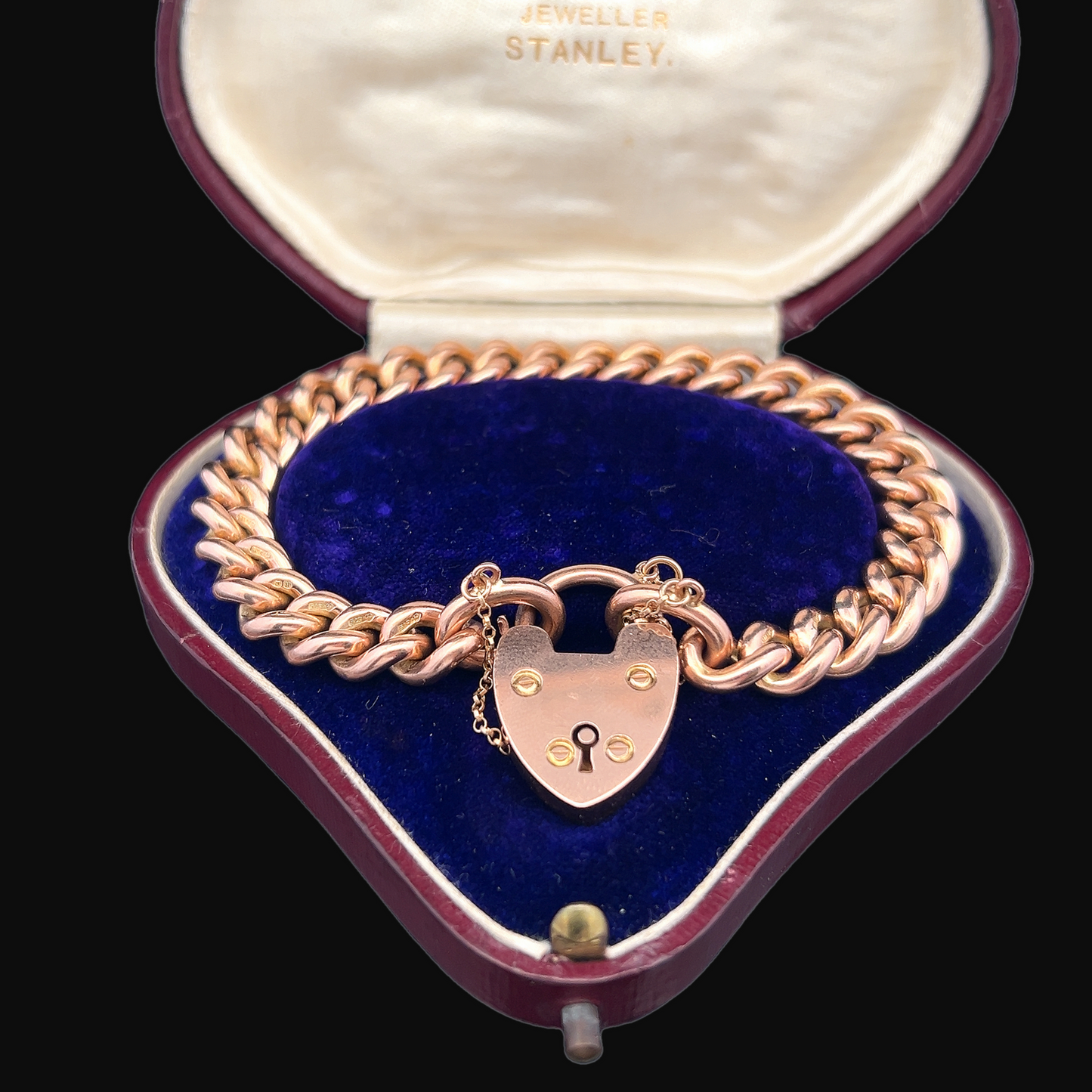 Antique Edwardian 9ct Rose Gold Curb Bracelet with Original Padlock