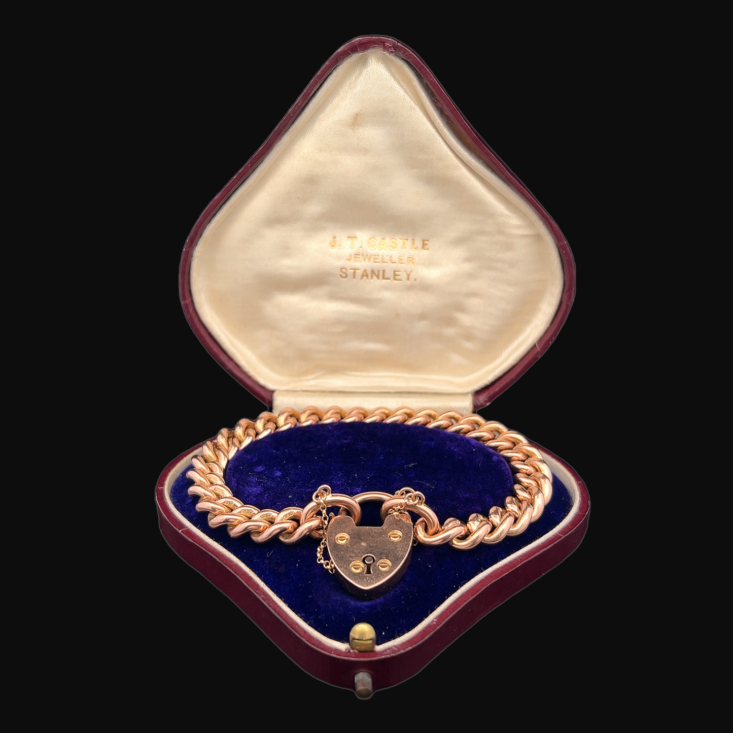 Antique Edwardian 9ct Rose Gold Curb Bracelet with Original Padlock