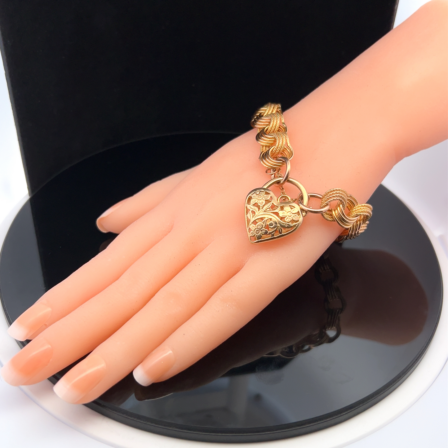 Vintage Matte and Polished 9ct Gold Curb Link Bracelet with Large Floral Heart Clasp