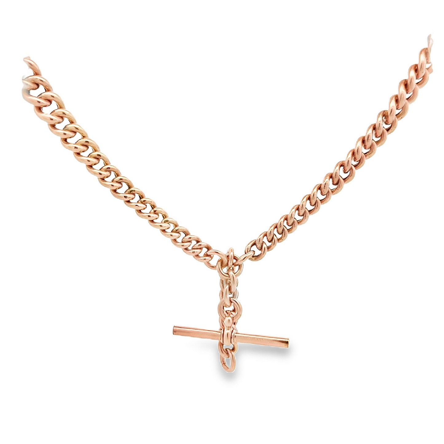 Antique 9ct Rose Gold Graduated Curb Link Albert Watch Chain with T-Bar