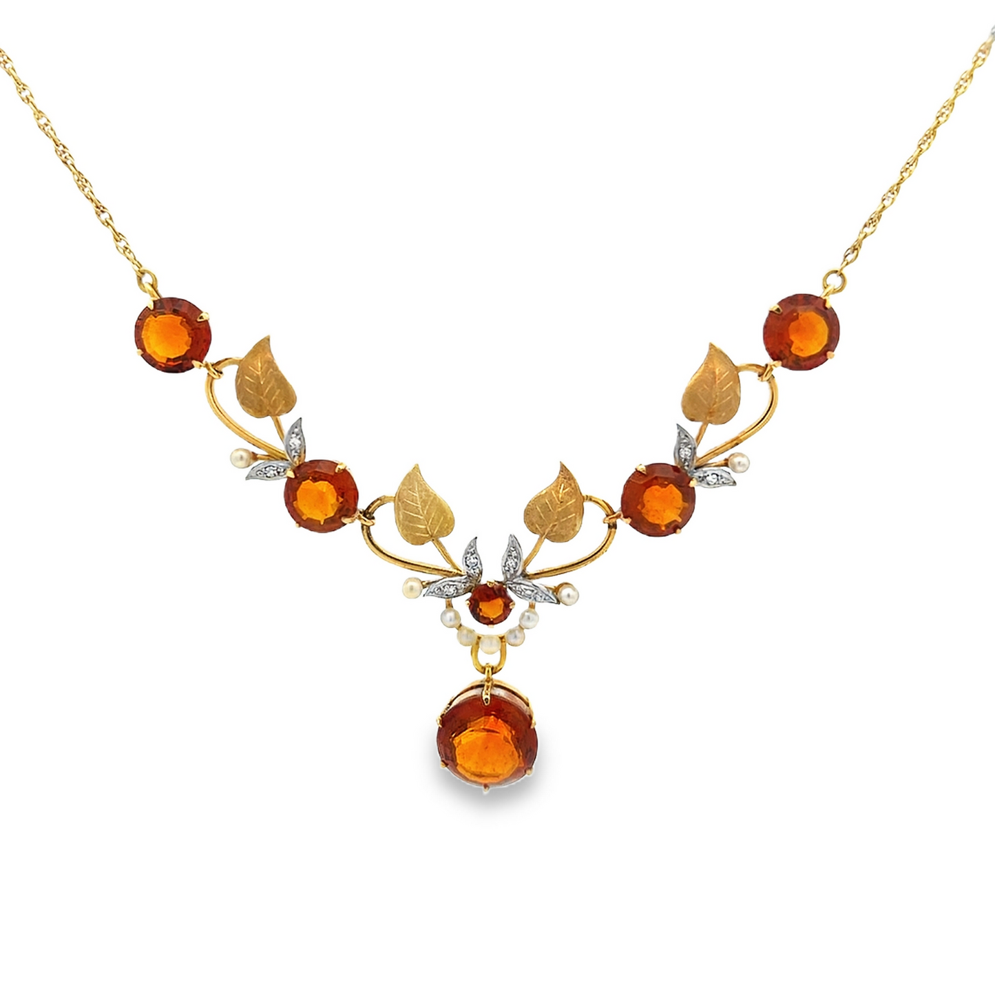 Vintage Madeira Citrine, Diamond and Pearl 18ct Gold Floral Necklace Manufactured by Cropp and Farr