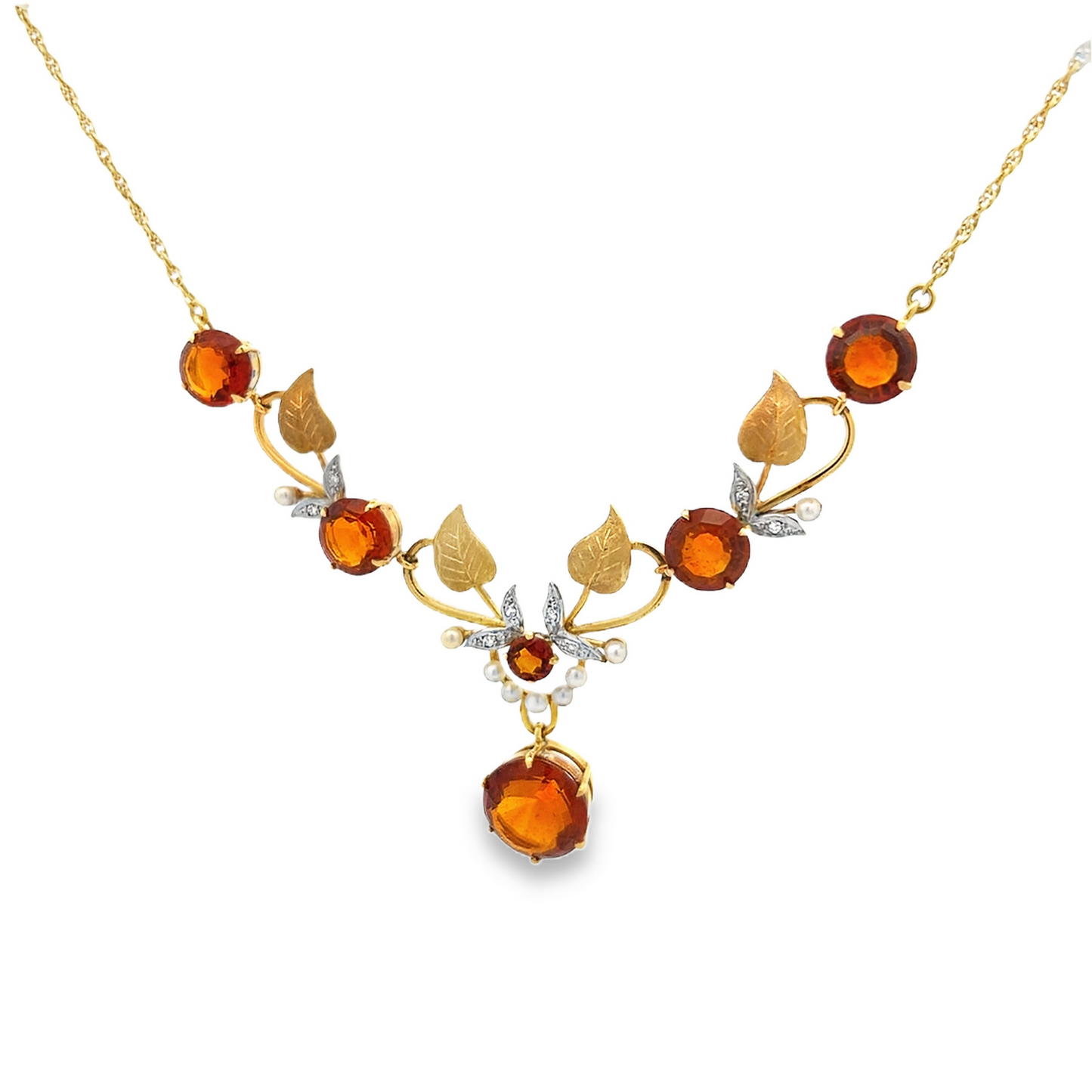 Vintage Madeira Citrine, Diamond and Pearl 18ct Gold Floral Necklace Manufactured by Cropp and Farr