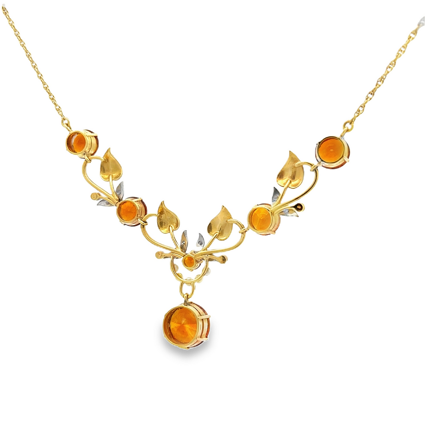 Vintage Madeira Citrine, Diamond and Pearl 18ct Gold Floral Necklace Manufactured by Cropp and Farr