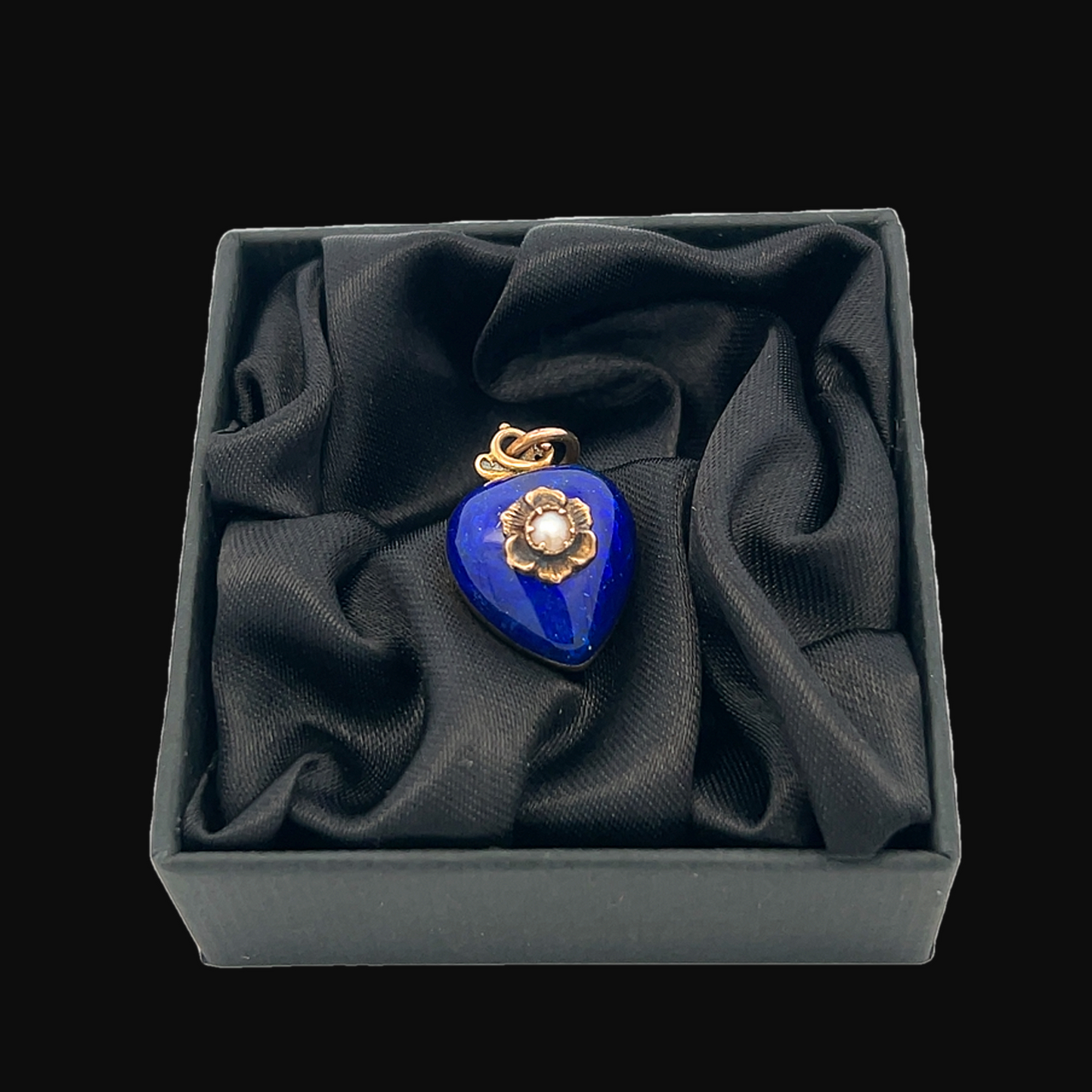 Antique Victorian Blue Enamel Heart Shaped 9ct Gold Pendant Locket set with a Natural Split Pearl