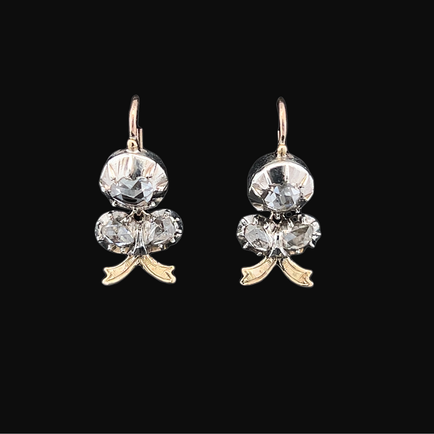 Antique Georgian Rose Cut Diamond Silver and Gold Floral Drop Earrings