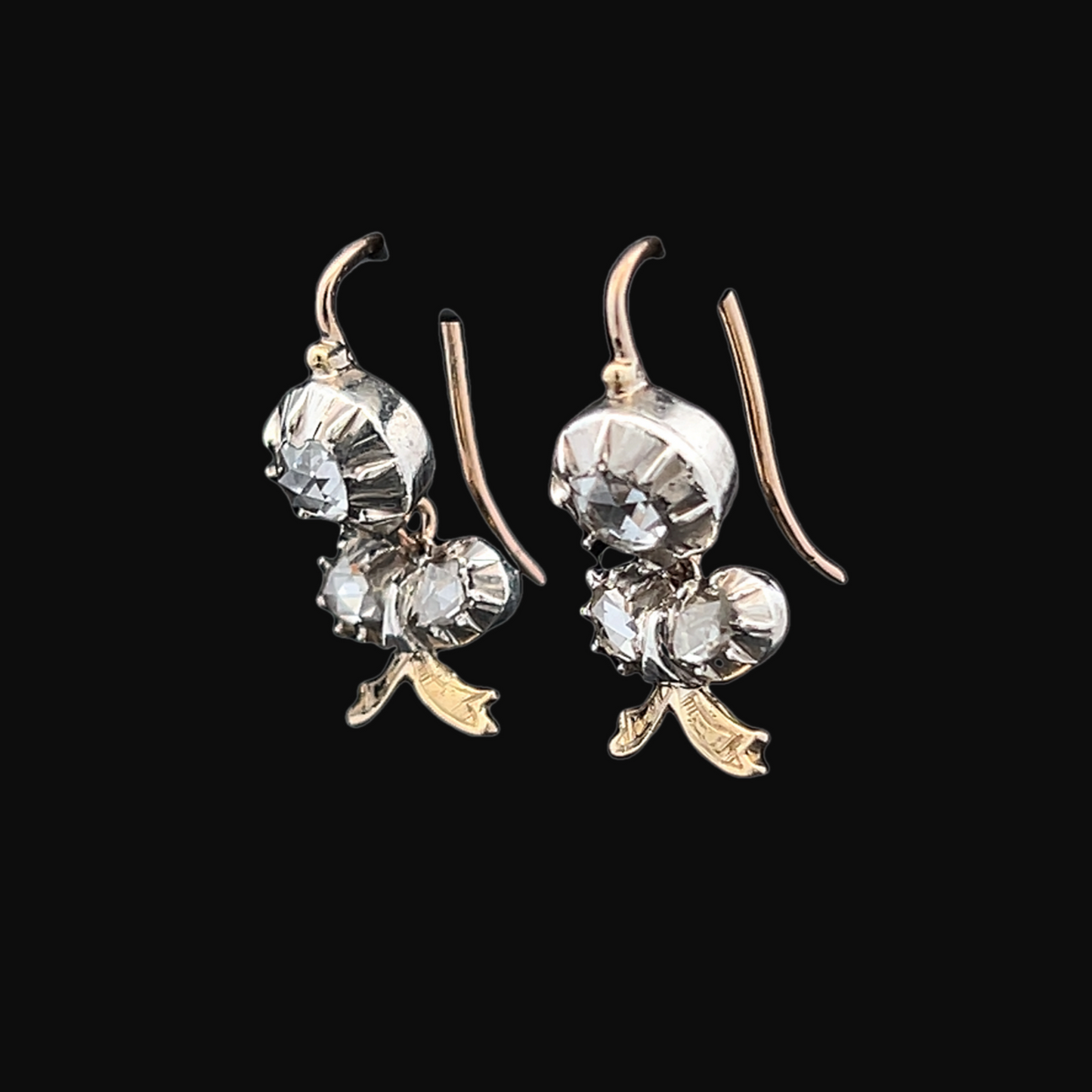 Antique Georgian Rose Cut Diamond Silver and Gold Floral Drop Earrings