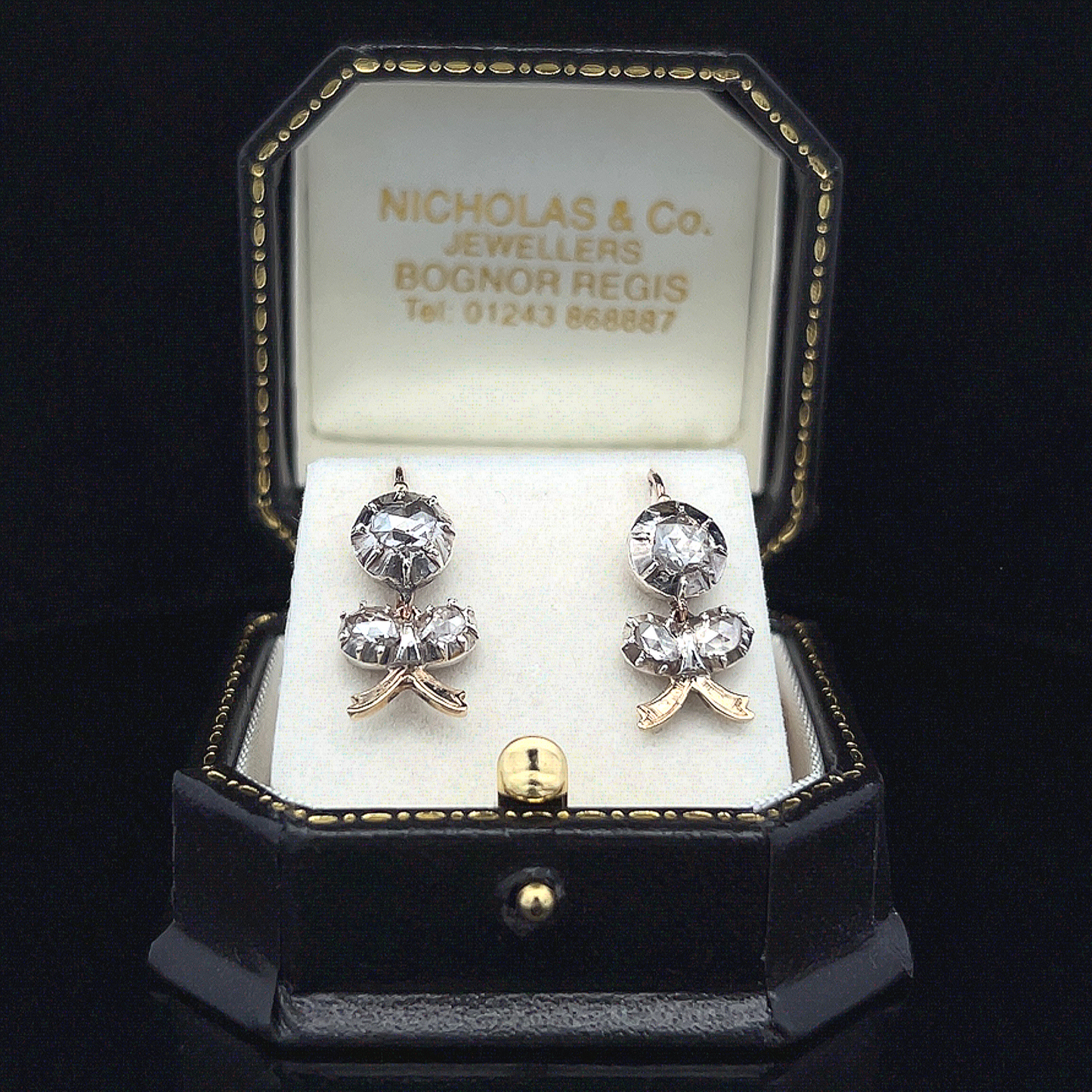 Antique Georgian Rose Cut Diamond Silver and Gold Floral Drop Earrings