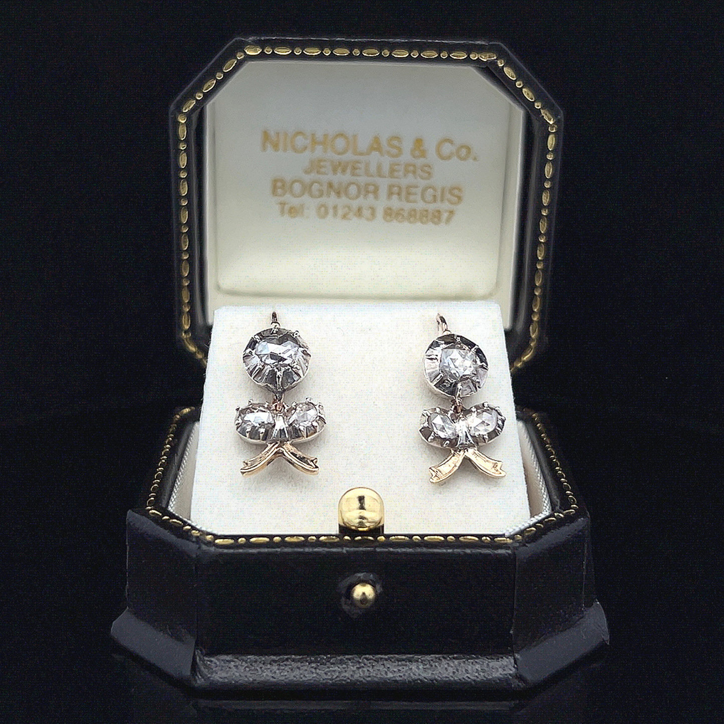 Antique Georgian Rose Cut Diamond Silver and Gold Floral Drop Earrings