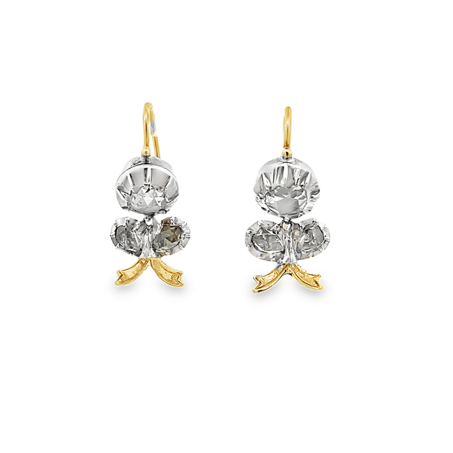 Antique Georgian Rose Cut Diamond Silver and Gold Floral Drop Earrings