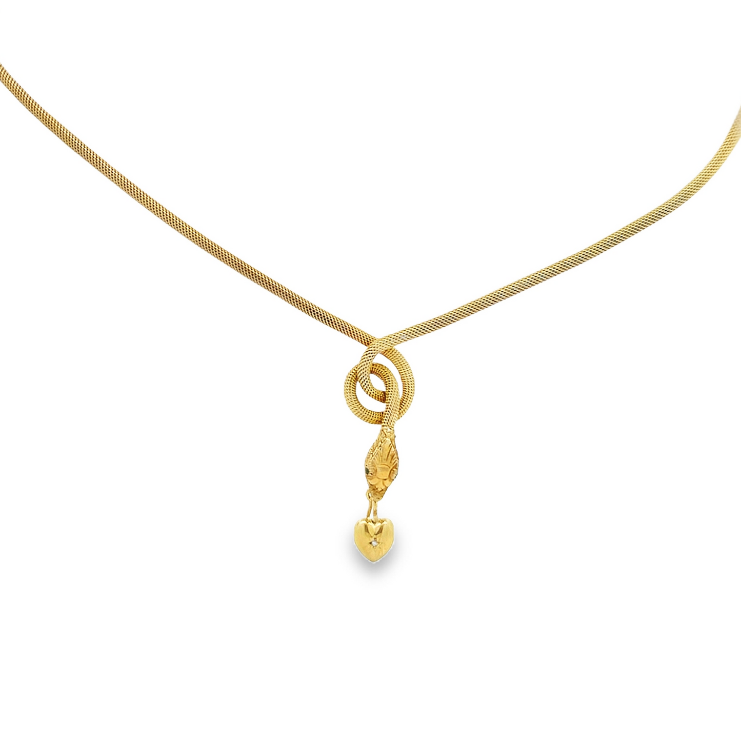 Antique Edwardian Emerald Eyed 9ct Gold Snake Necklace Set 15ct Gold Diamond Puffy Heart Drop