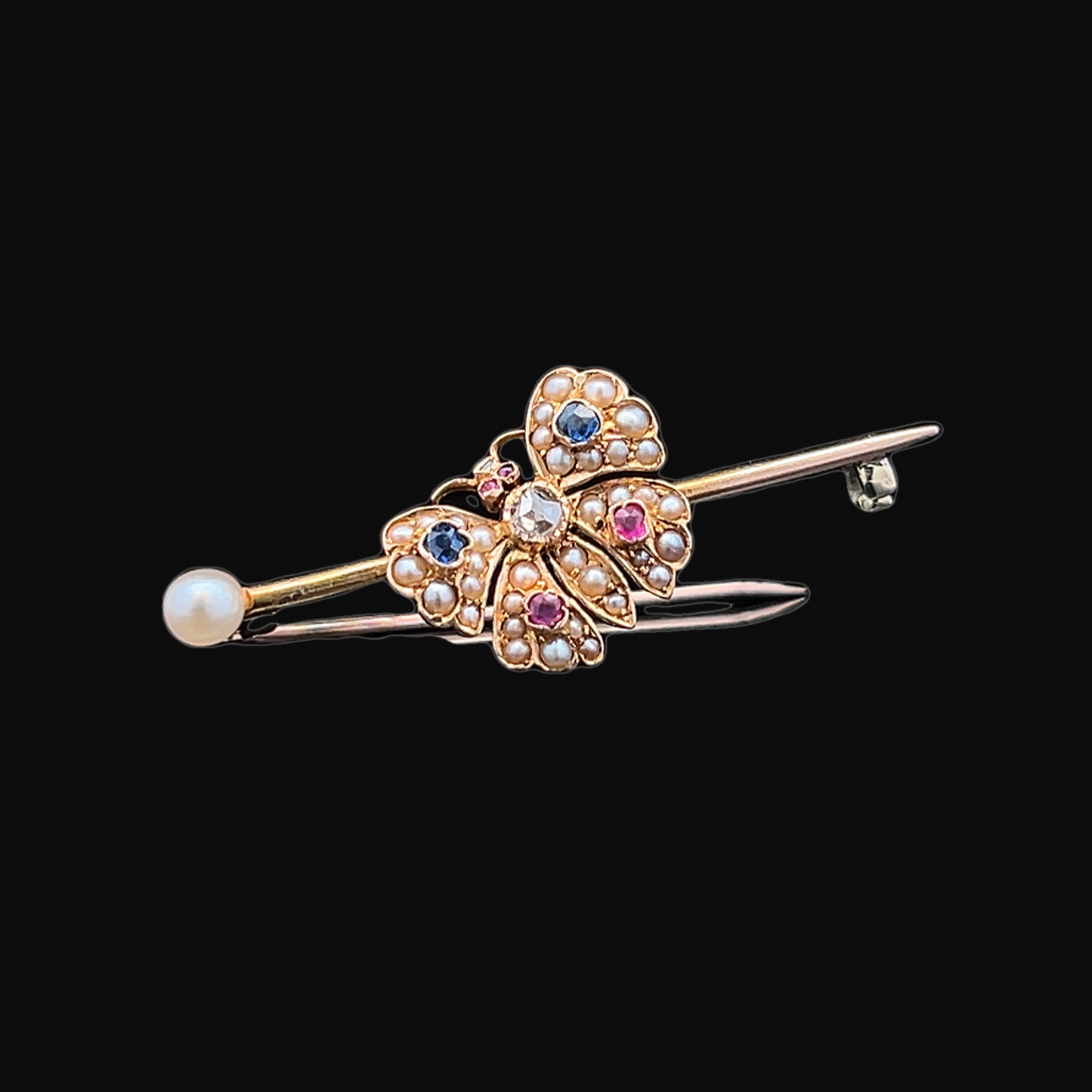 Antique Victorian Sapphire, Ruby, Rose Cut Diamond & Natural Pearl 15ct Gold Butterfly Brooch