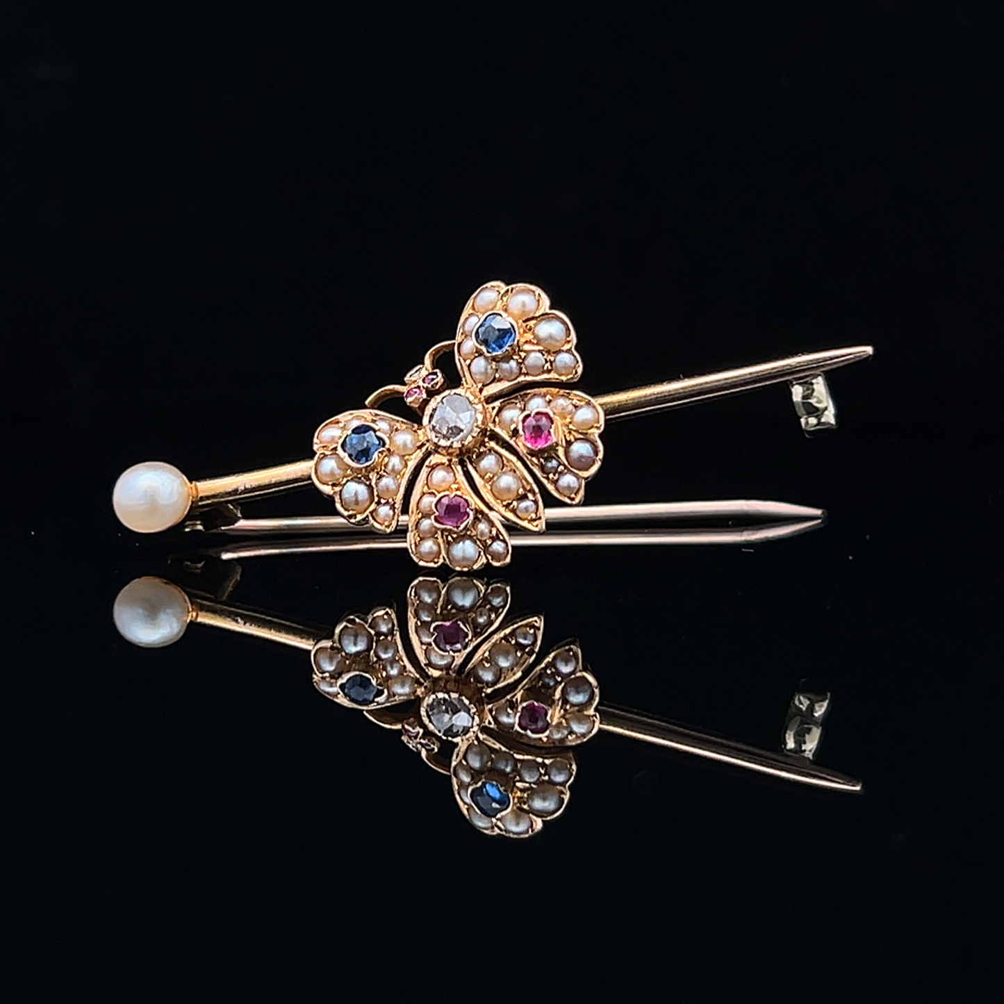 Antique Victorian Sapphire, Ruby, Rose Cut Diamond & Natural Pearl 15ct Gold Butterfly Brooch