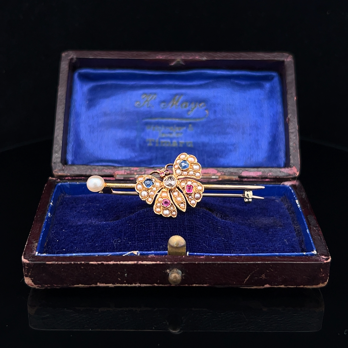 Antique Victorian Sapphire, Ruby, Rose Cut Diamond & Natural Pearl 15ct Gold Butterfly Brooch