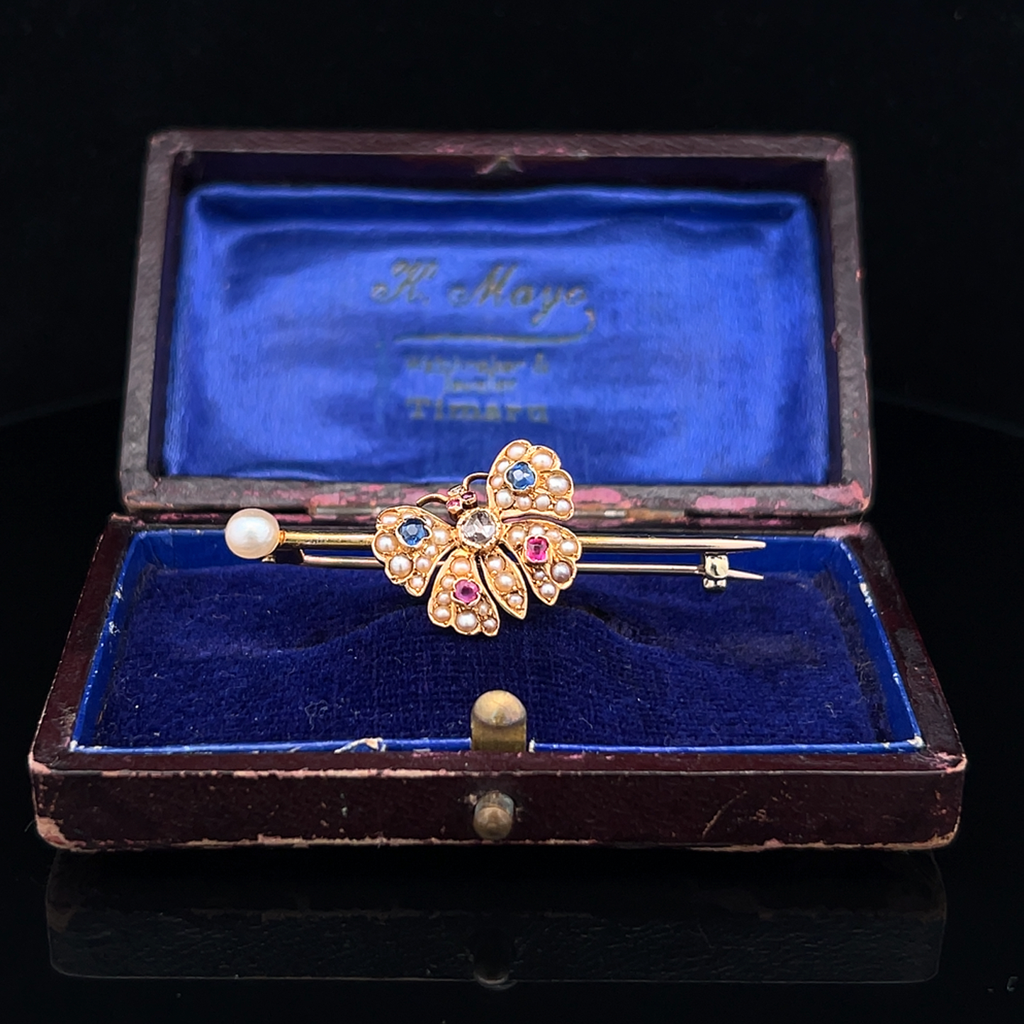 Antique Victorian Sapphire, Ruby, Rose Cut Diamond & Natural Pearl 15ct Gold Butterfly Brooch