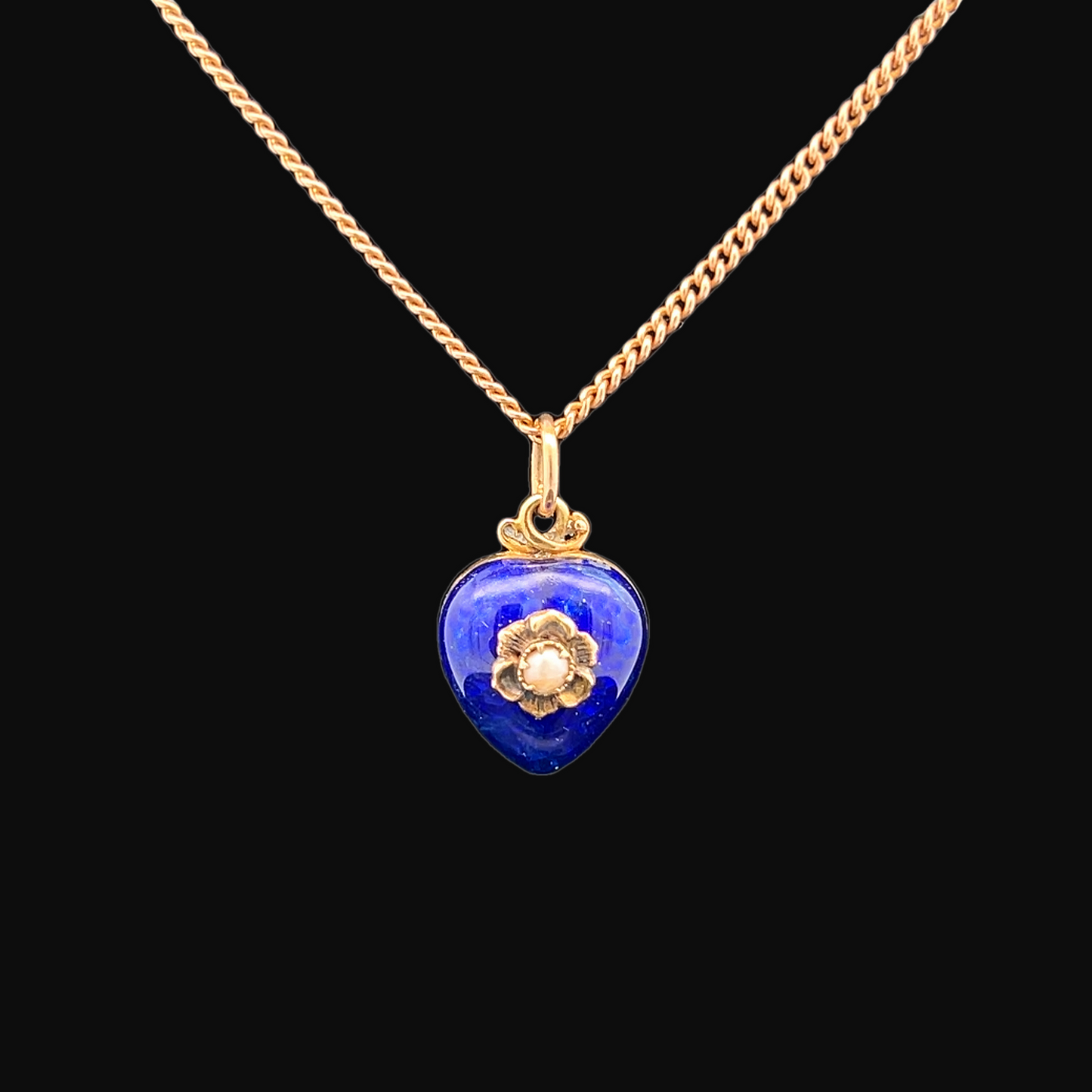 Antique Victorian Blue Enamel Heart Shaped 9ct Gold Pendant Locket set with a Natural Split Pearl