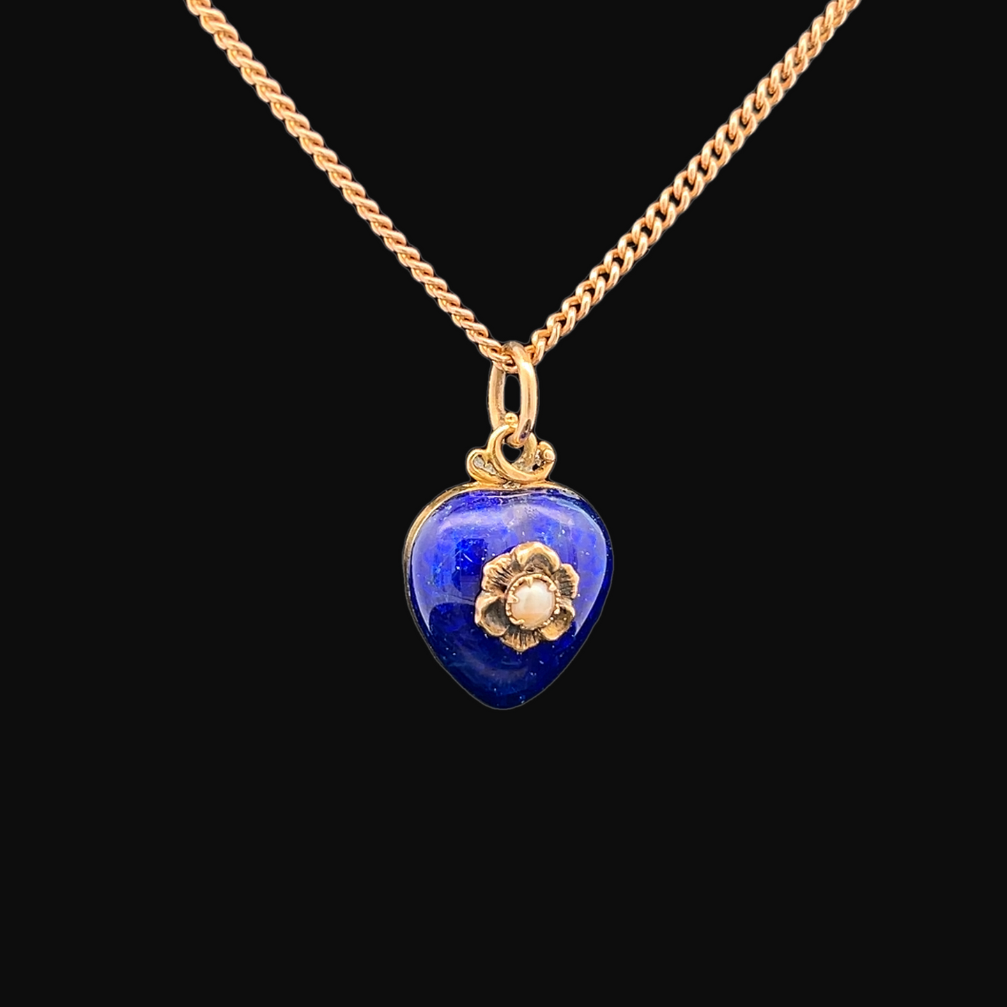 Antique Victorian Blue Enamel Heart Shaped 9ct Gold Pendant Locket set with a Natural Split Pearl