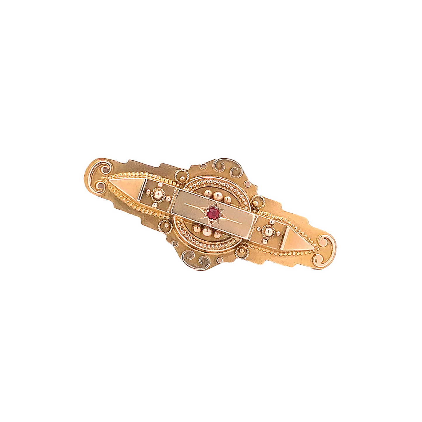 Antique Edwardian 'Locket Back' Star Set Ruby 9ct Gold Etruscan Revival Bar Brooch