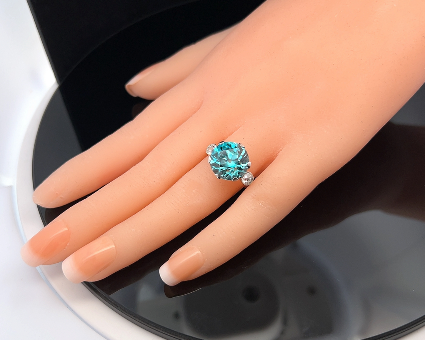 Antique Art Deco Blue Zircon & Old European Diamond Platinum Trilogy Ring