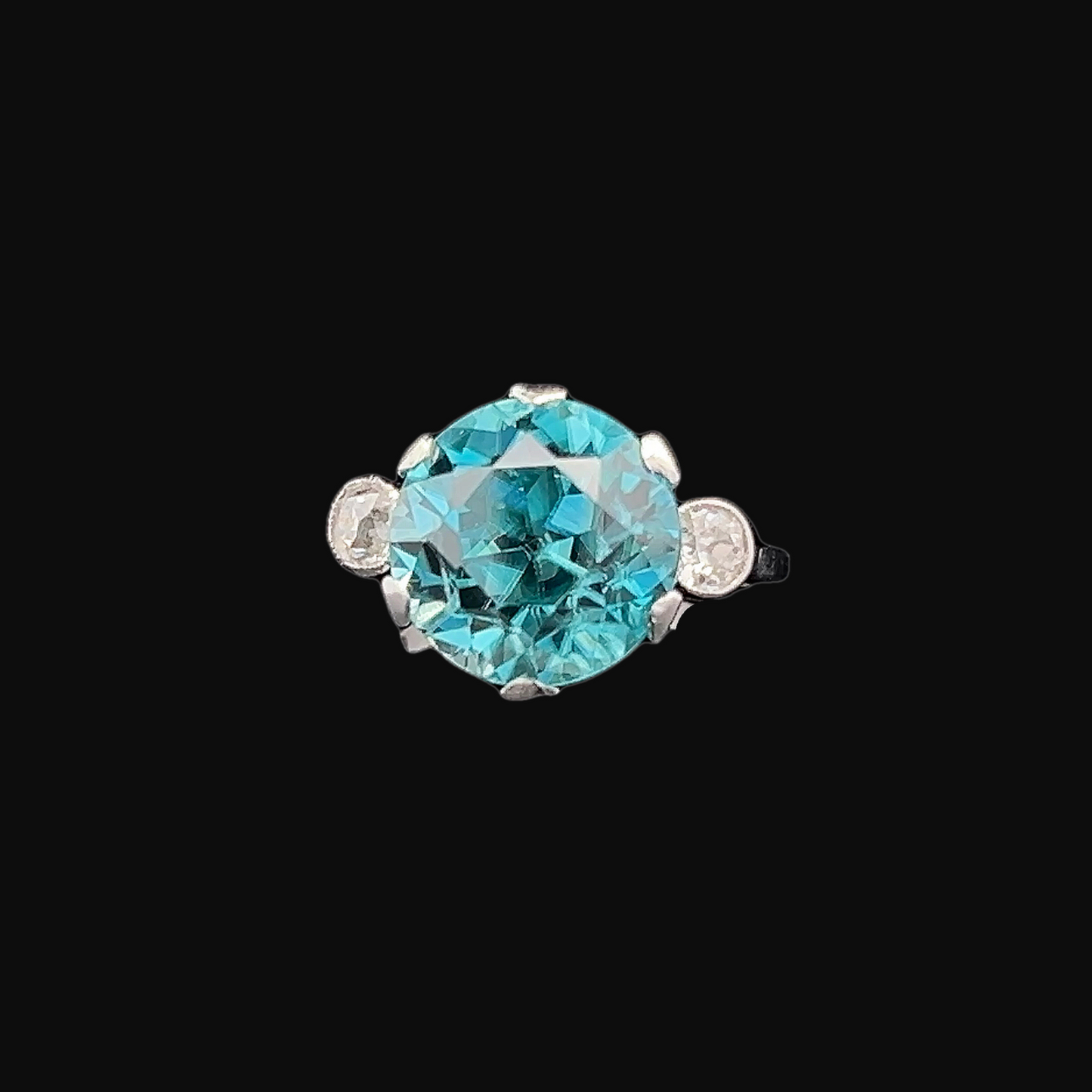 Antique Art Deco Blue Zircon & Old European Diamond Platinum Trilogy Ring
