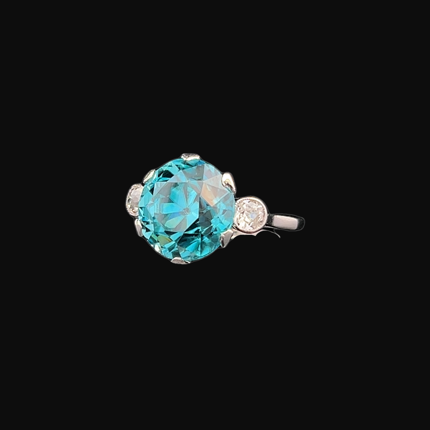 Antique Art Deco Blue Zircon & Old European Diamond Platinum Trilogy Ring