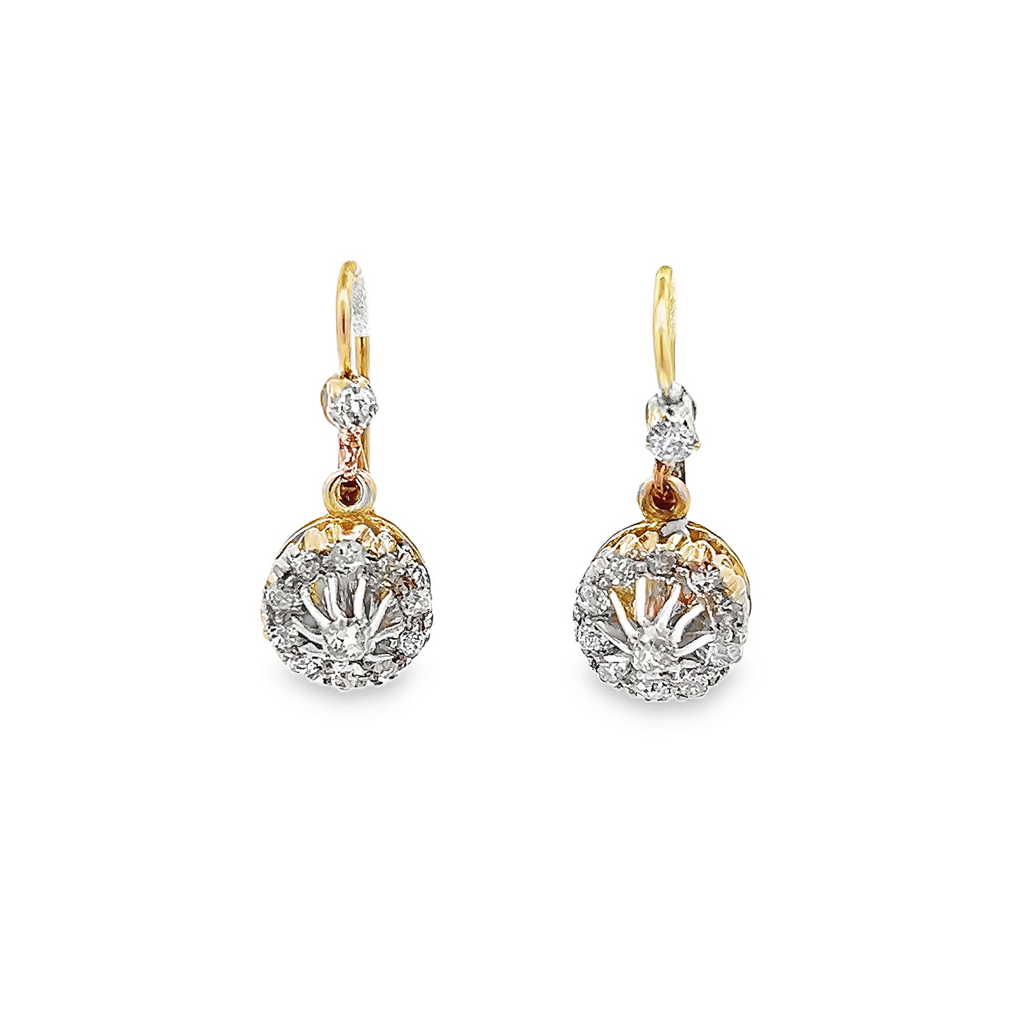 Antique Continental Old Mine Cut Diamond Gold Cluster Drop Earrings.