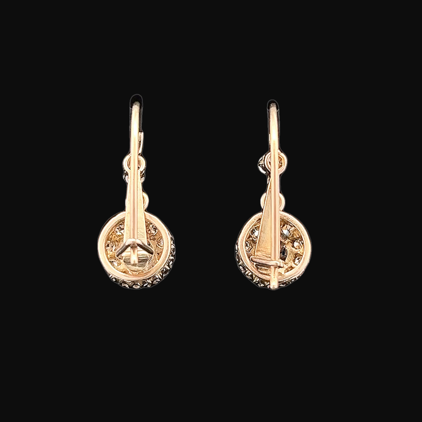 Antique Continental Old Mine Cut Diamond Gold Cluster Drop Earrings.
