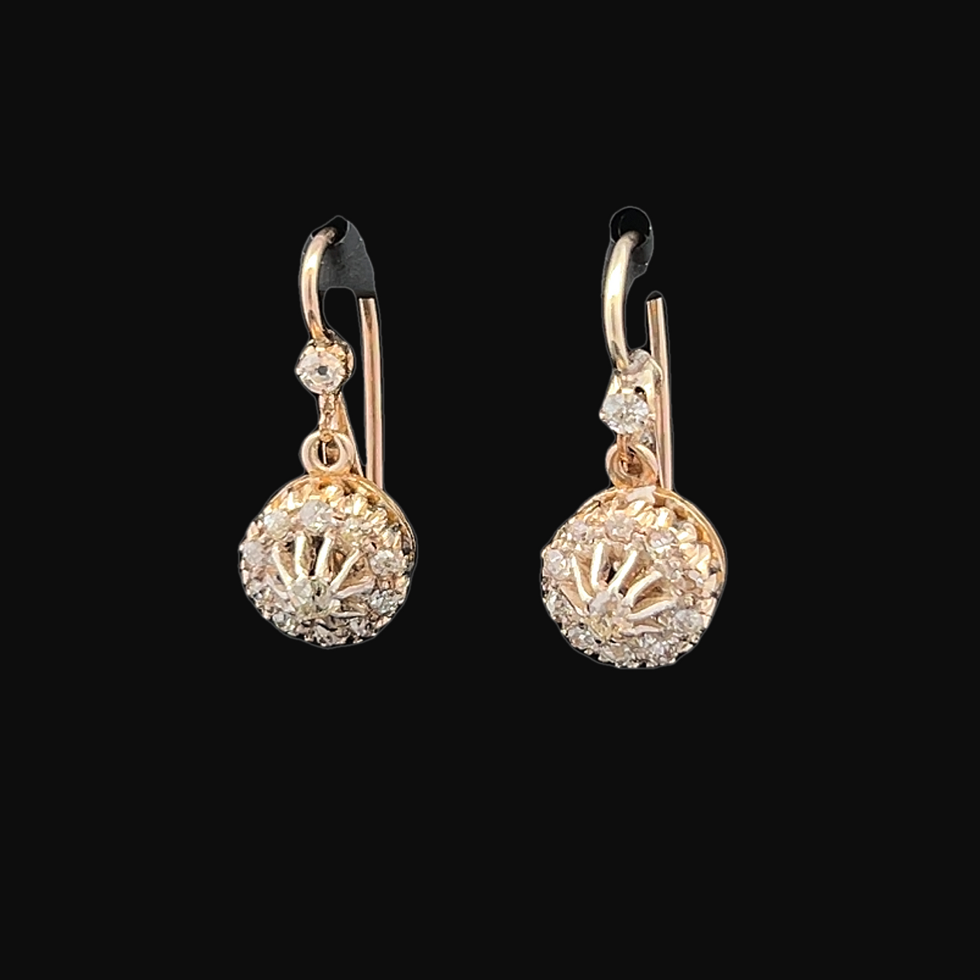 Antique Continental Old Mine Cut Diamond Gold Cluster Drop Earrings.