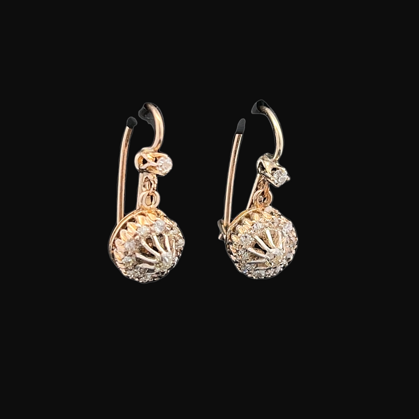 Antique Continental Old Mine Cut Diamond Gold Cluster Drop Earrings.