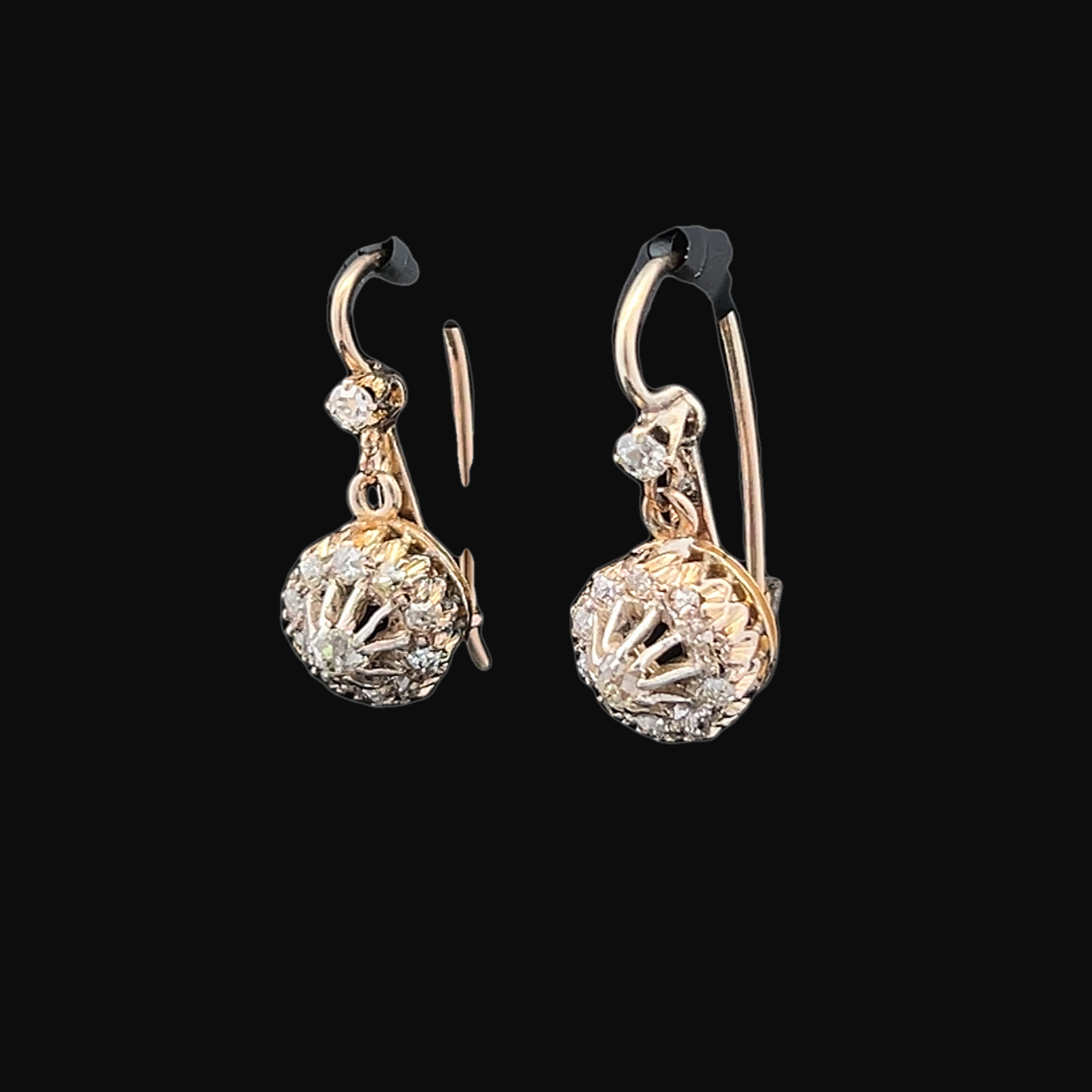Antique Continental Old Mine Cut Diamond Gold Cluster Drop Earrings.