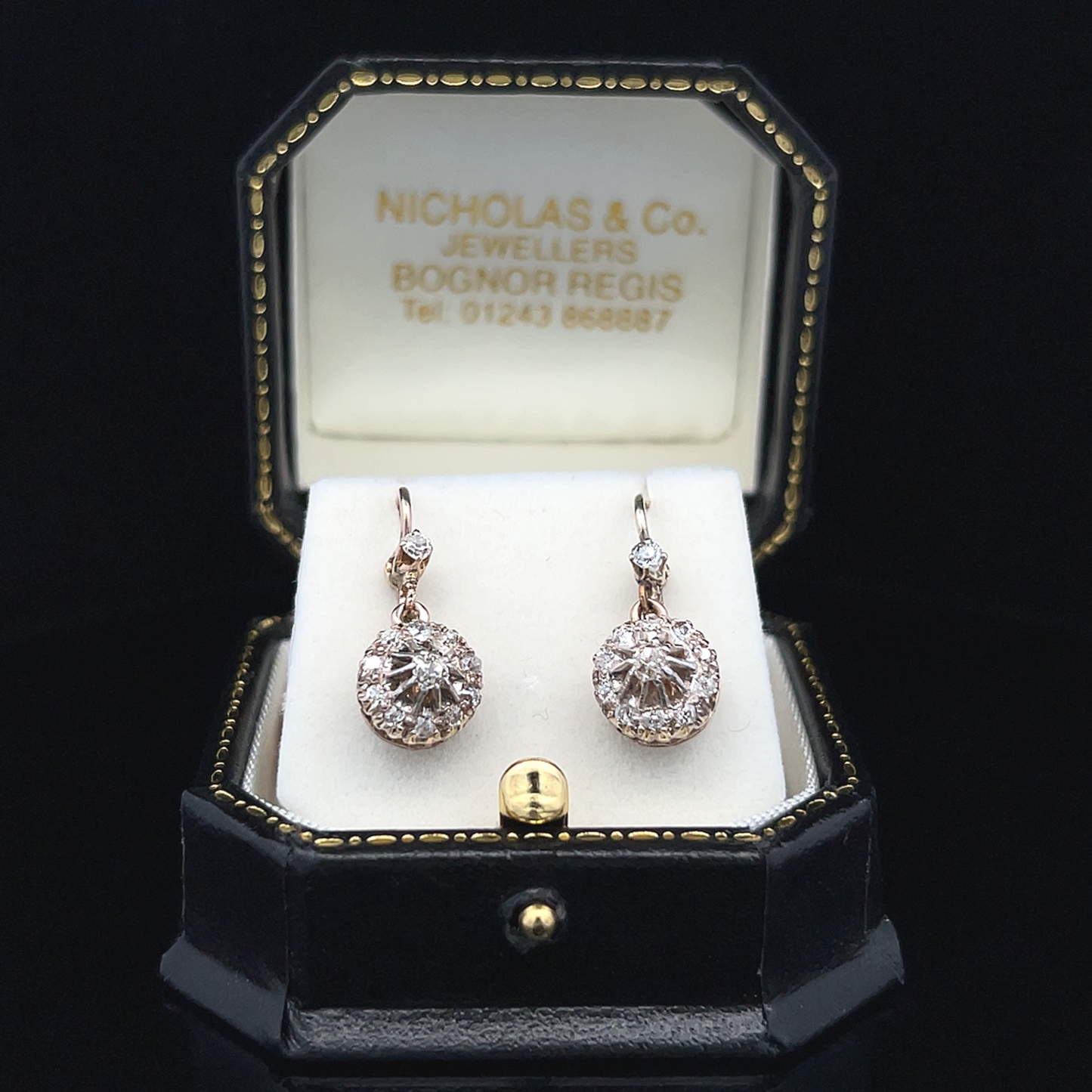 Antique Continental Old Mine Cut Diamond Gold Cluster Drop Earrings.