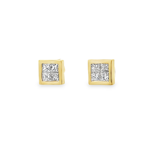 Vintage Princess Cut Diamond 18ct Gold Square Stud Earrings