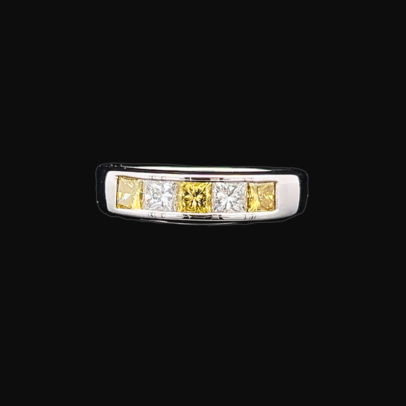 Vintage Yellow & White Princess Cut Diamond Platinum 5 Stone Ring