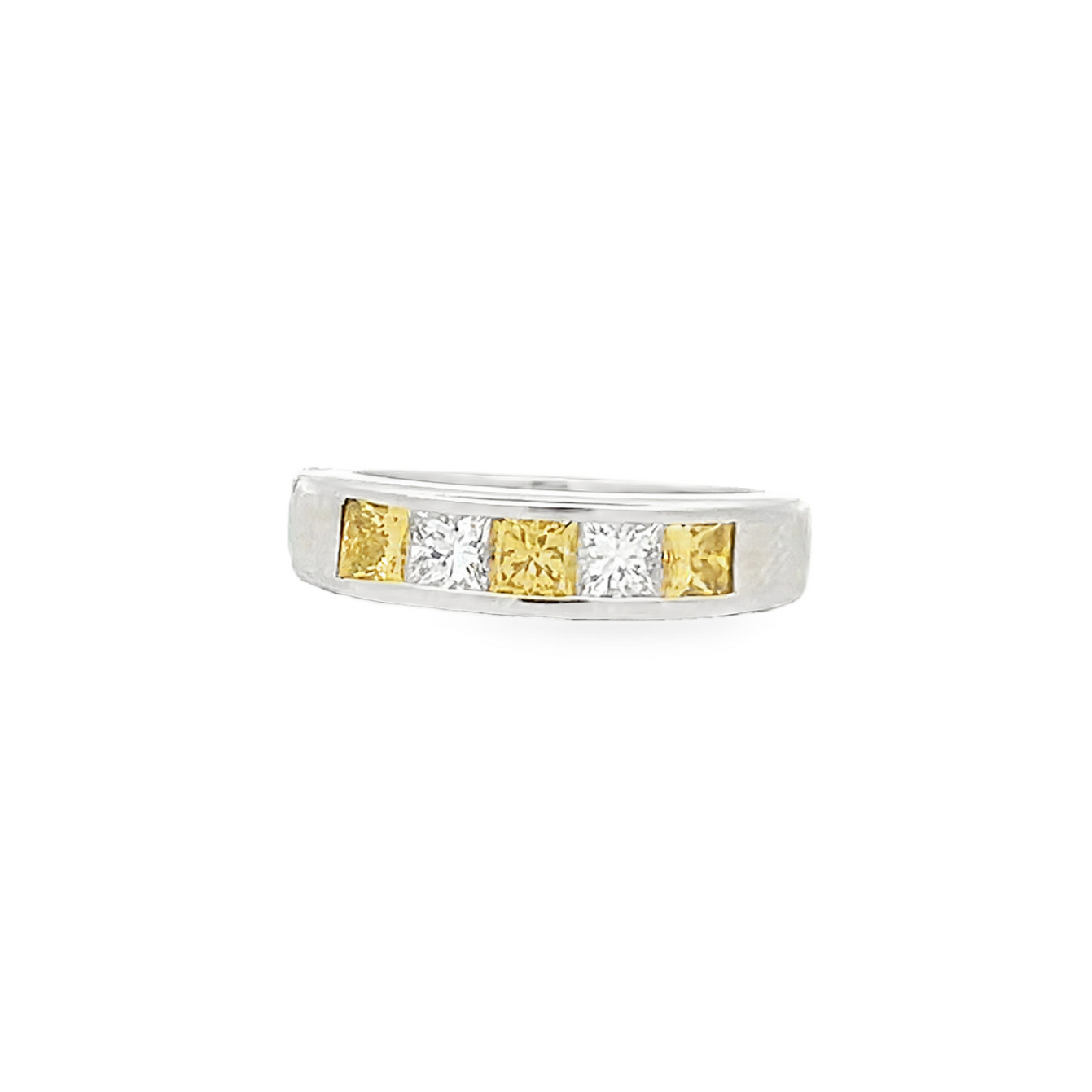 Vintage Yellow & White Princess Cut Diamond Platinum 5 Stone Ring