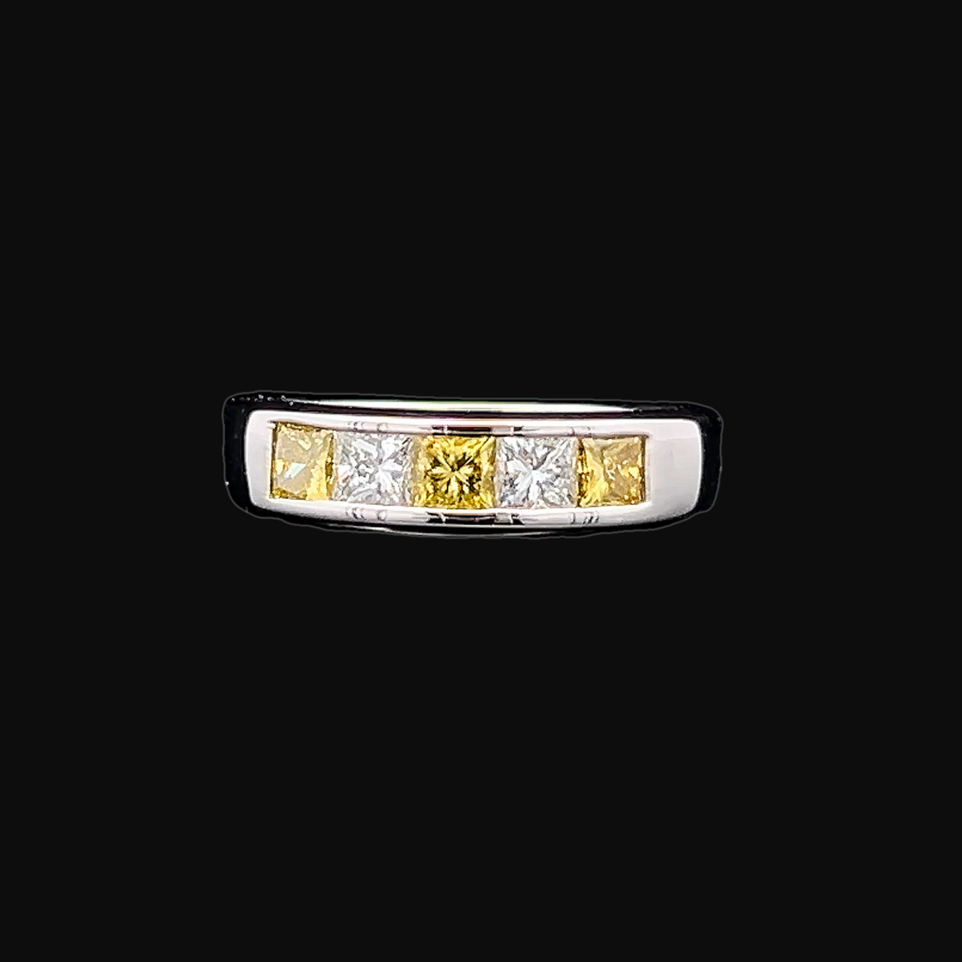 Vintage Yellow & White Princess Cut Diamond Platinum 5 Stone Ring