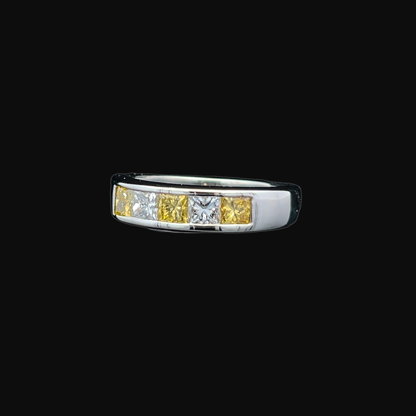 Vintage Yellow & White Princess Cut Diamond Platinum 5 Stone Ring