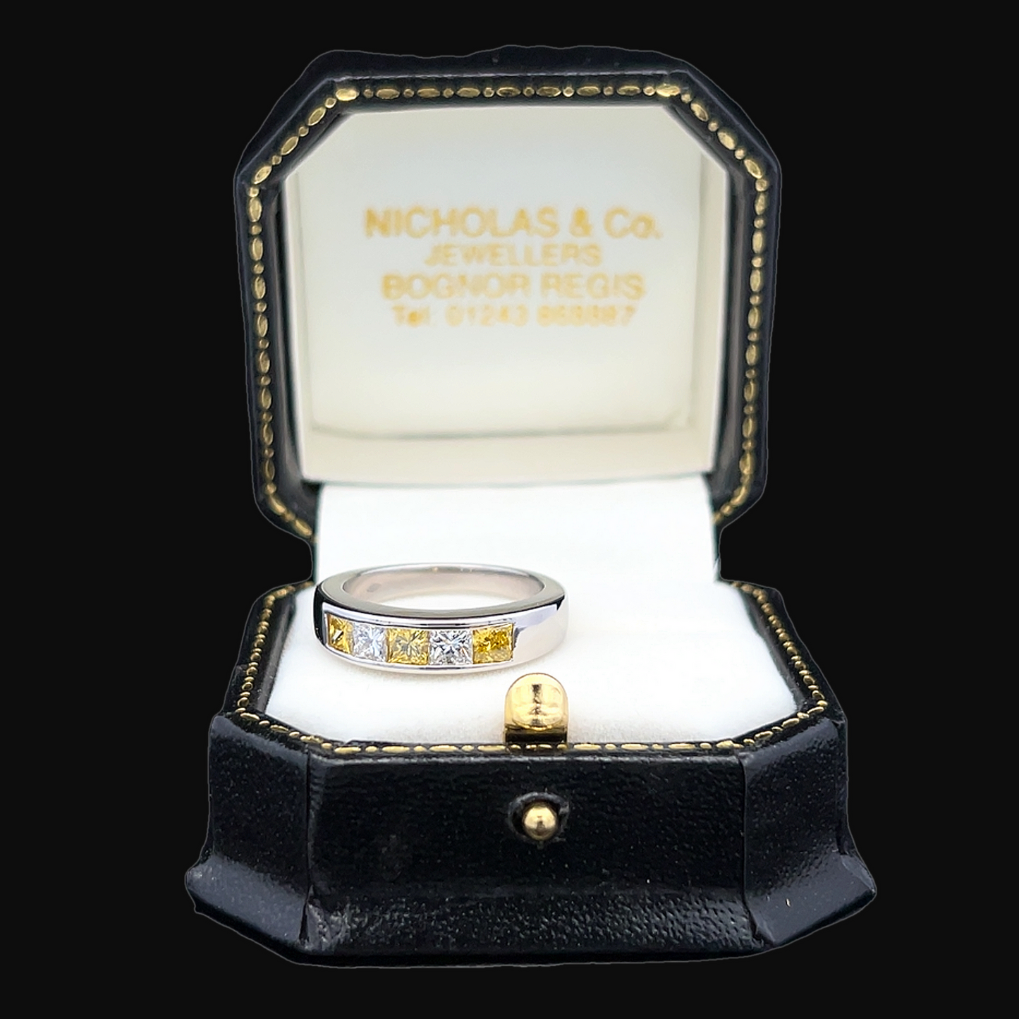 Vintage Yellow & White Princess Cut Diamond Platinum 5 Stone Ring