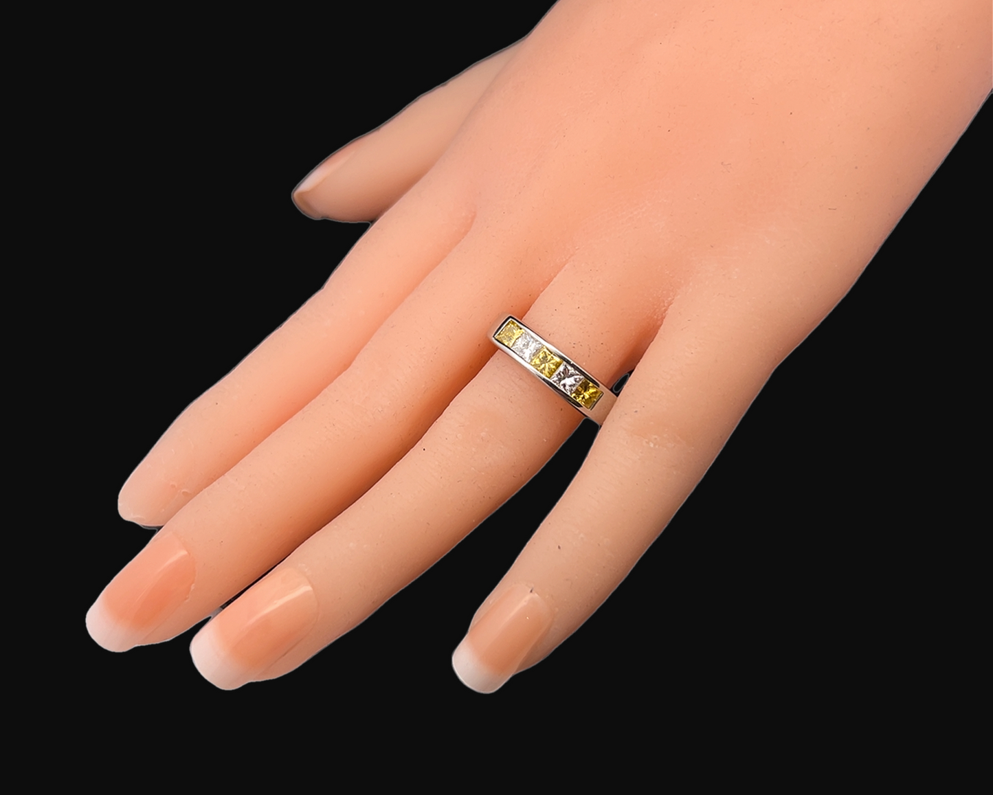 Vintage Yellow & White Princess Cut Diamond Platinum 5 Stone Ring