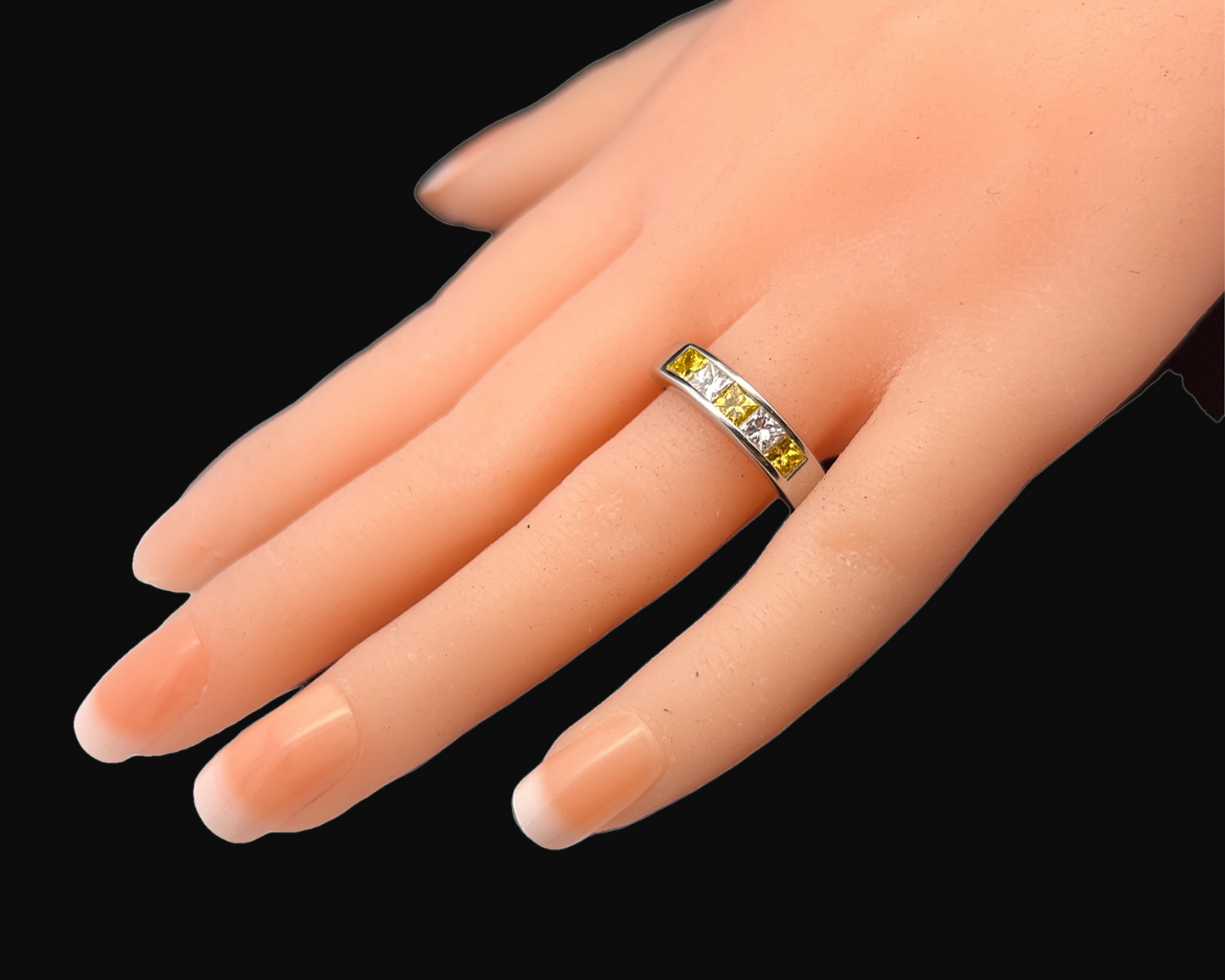 Vintage Yellow & White Princess Cut Diamond Platinum 5 Stone Ring