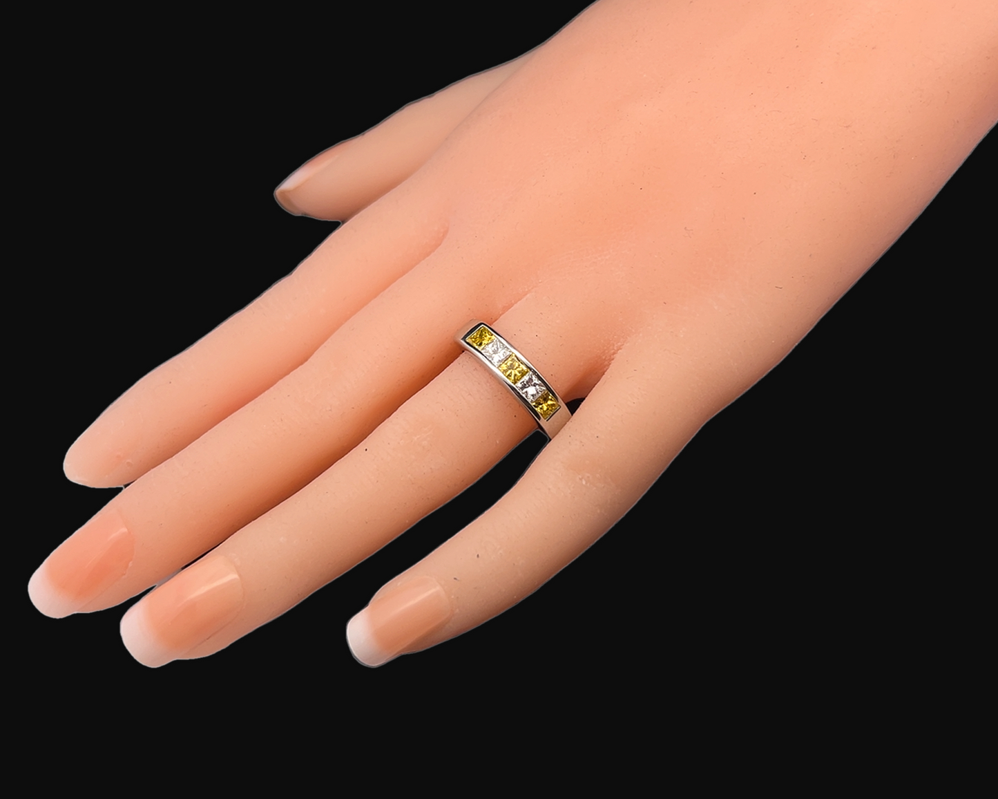 Vintage Yellow & White Princess Cut Diamond Platinum 5 Stone Ring