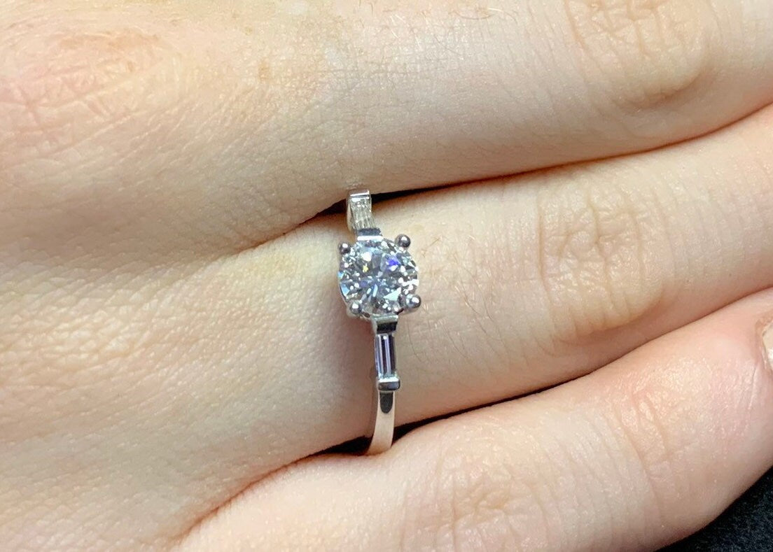 Art Deco Engagement Ring. Diamond Solitaire. Certificated Diamond 18ct White Gold Ring. Modern Brilliant and Baguette Cut Diamonds.