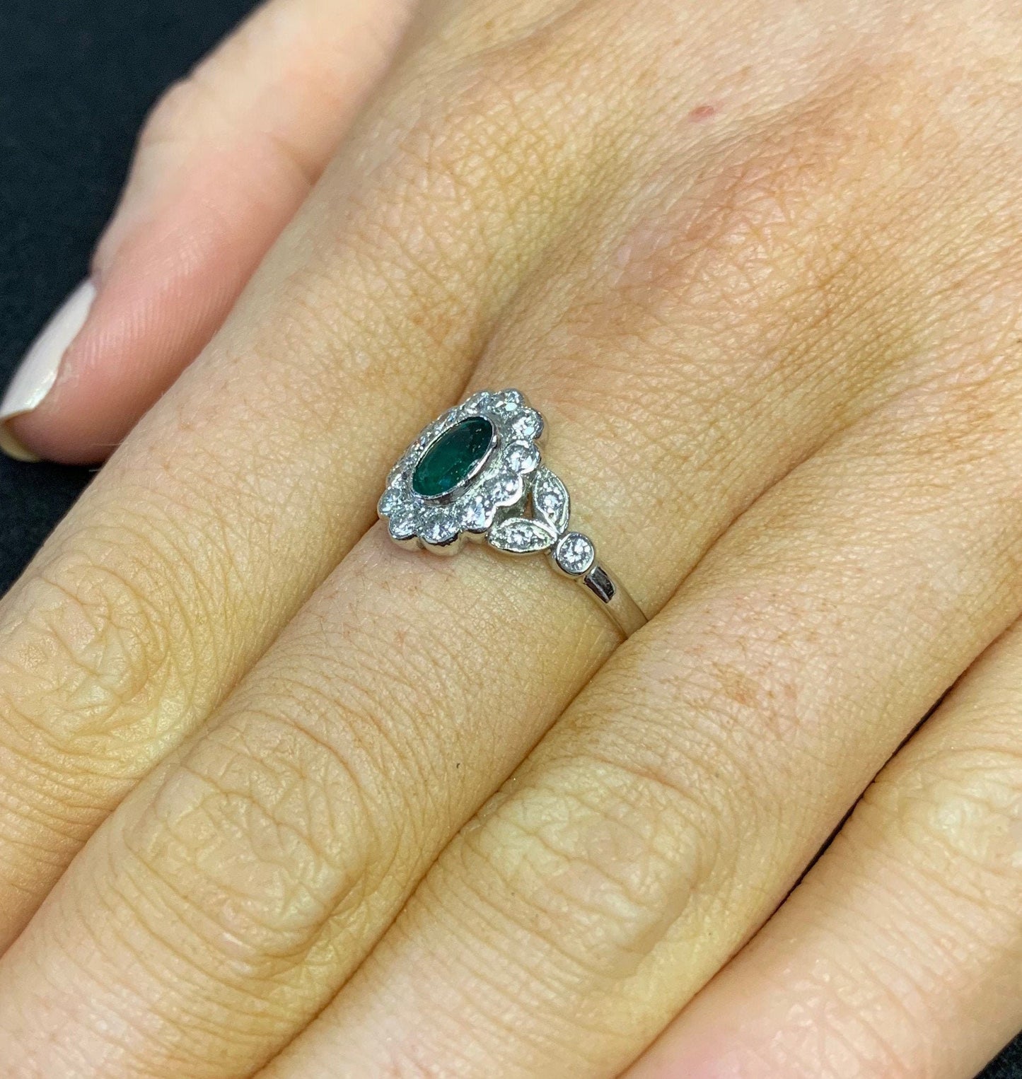 Emerald and Diamond Ring. Vintage Platinum Cluster Ring. Art Deco / Edwardian Style.