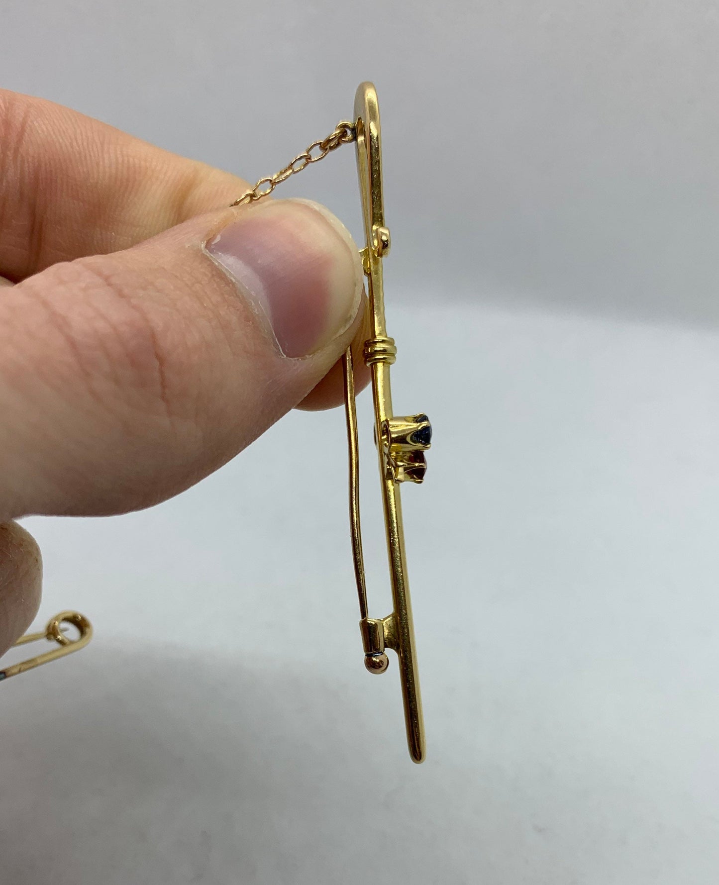 Antique Diamond, Sapphire and Ruby 15ct Gold Shepperd's Crook / Rod / Staff Brooch.