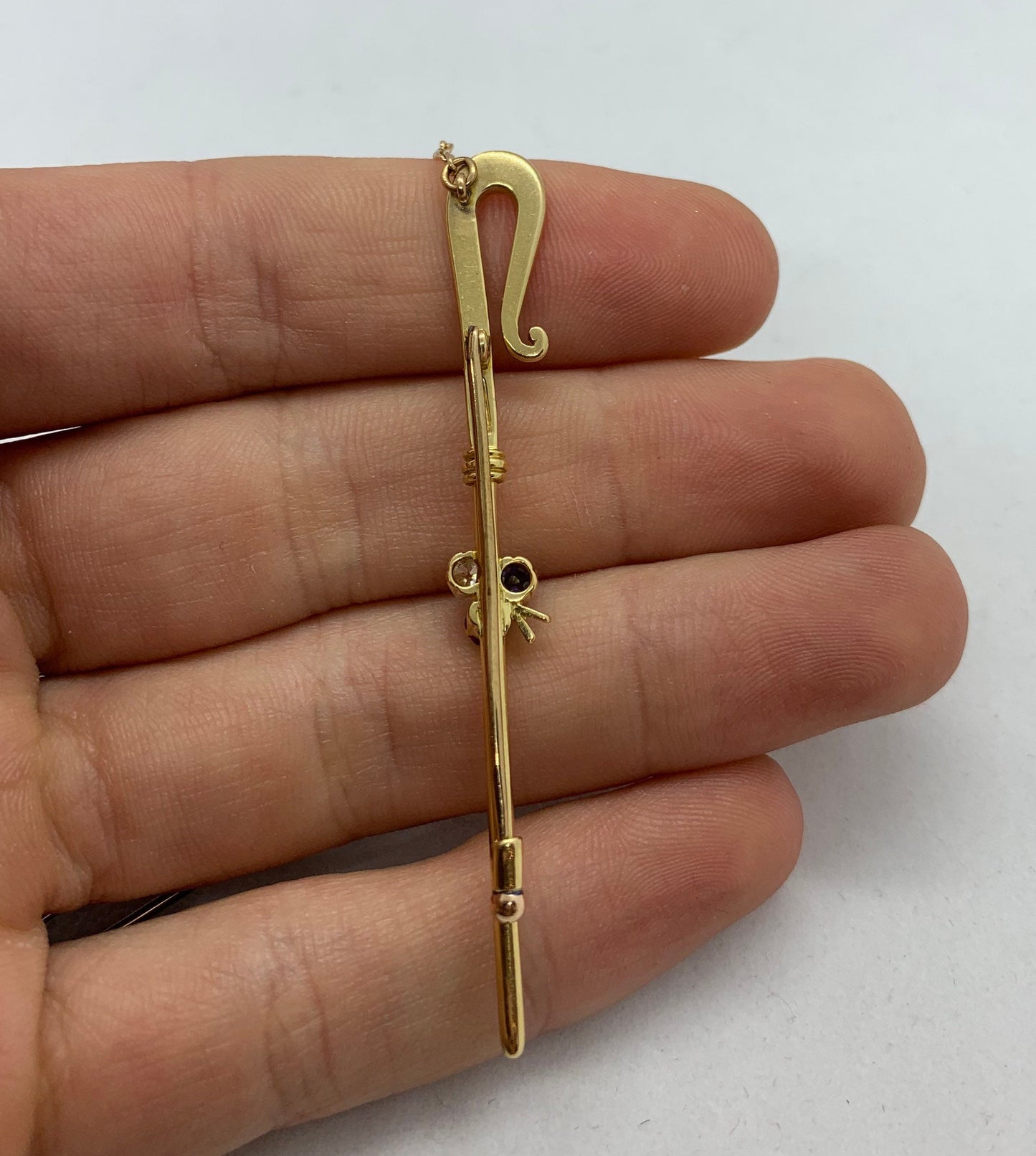Antique Diamond, Sapphire and Ruby 15ct Gold Shepperd's Crook / Rod / Staff Brooch.