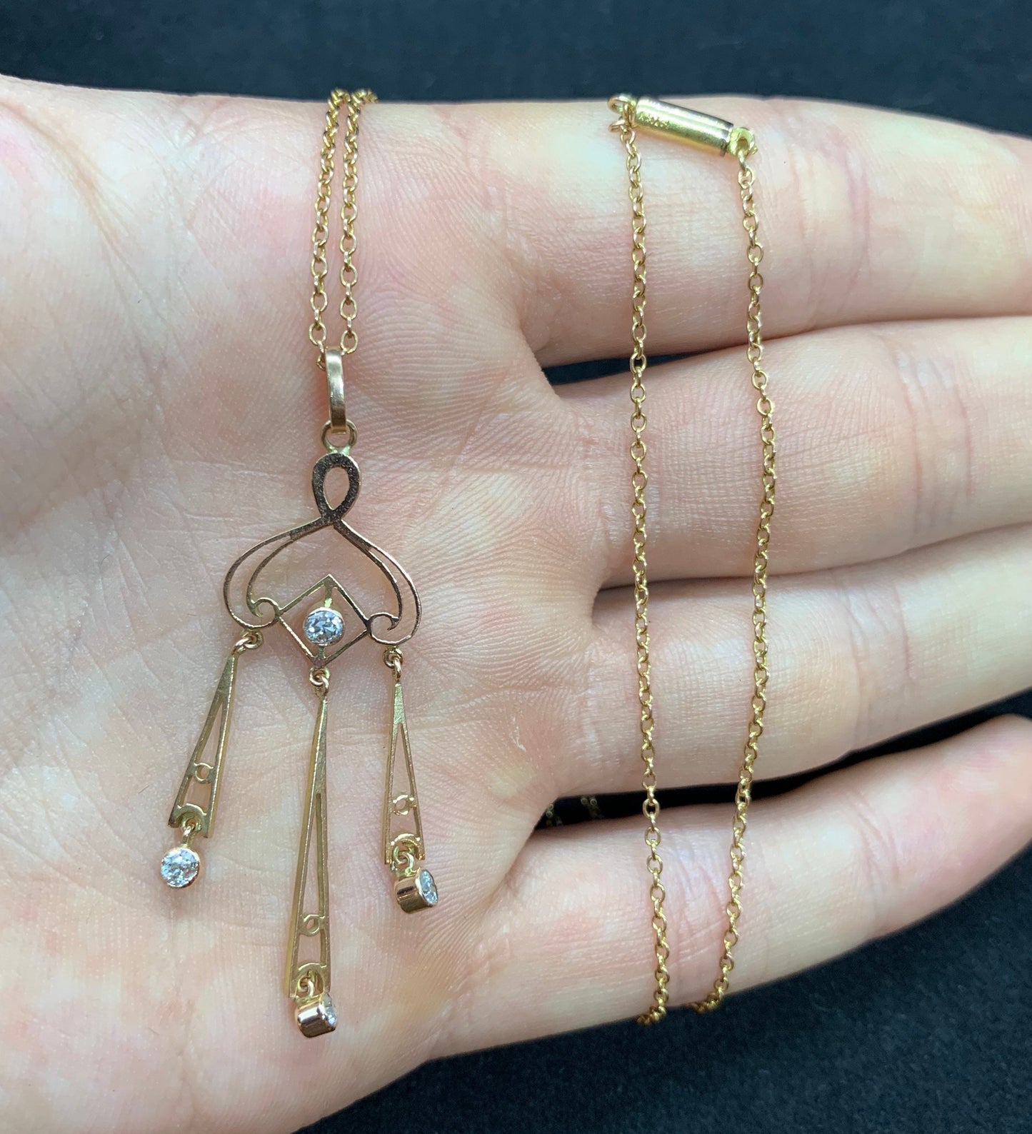 Antique Diamond 9ct Gold Pendant with Chain. Edwardian / Art Deco. Old European Cut Diamonds. Genuine Period Jewel.