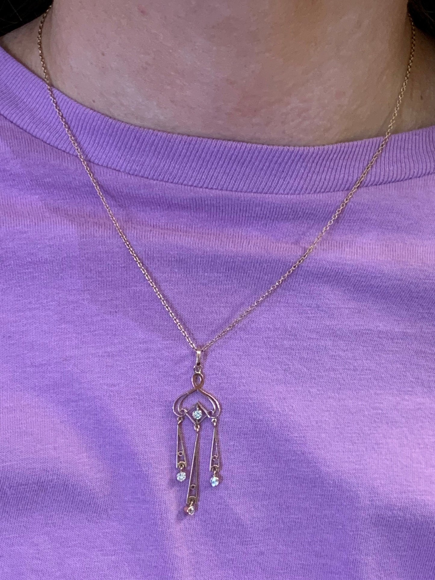 Antique Diamond 9ct Gold Pendant with Chain. Edwardian / Art Deco. Old European Cut Diamonds. Genuine Period Jewel.