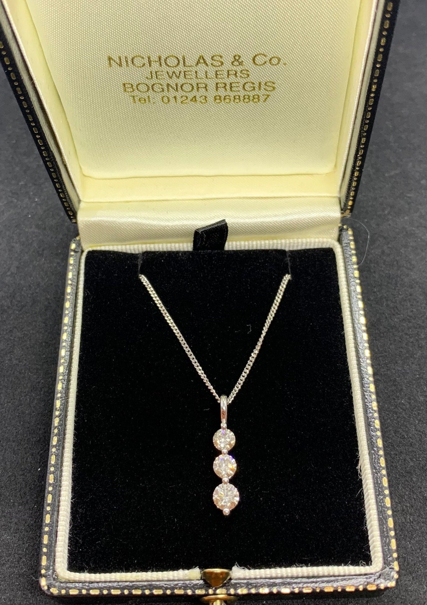 18ct White Gold Diamond Drop Trilogy Pendant. 1.00 carat Total. Quality Diamonds.