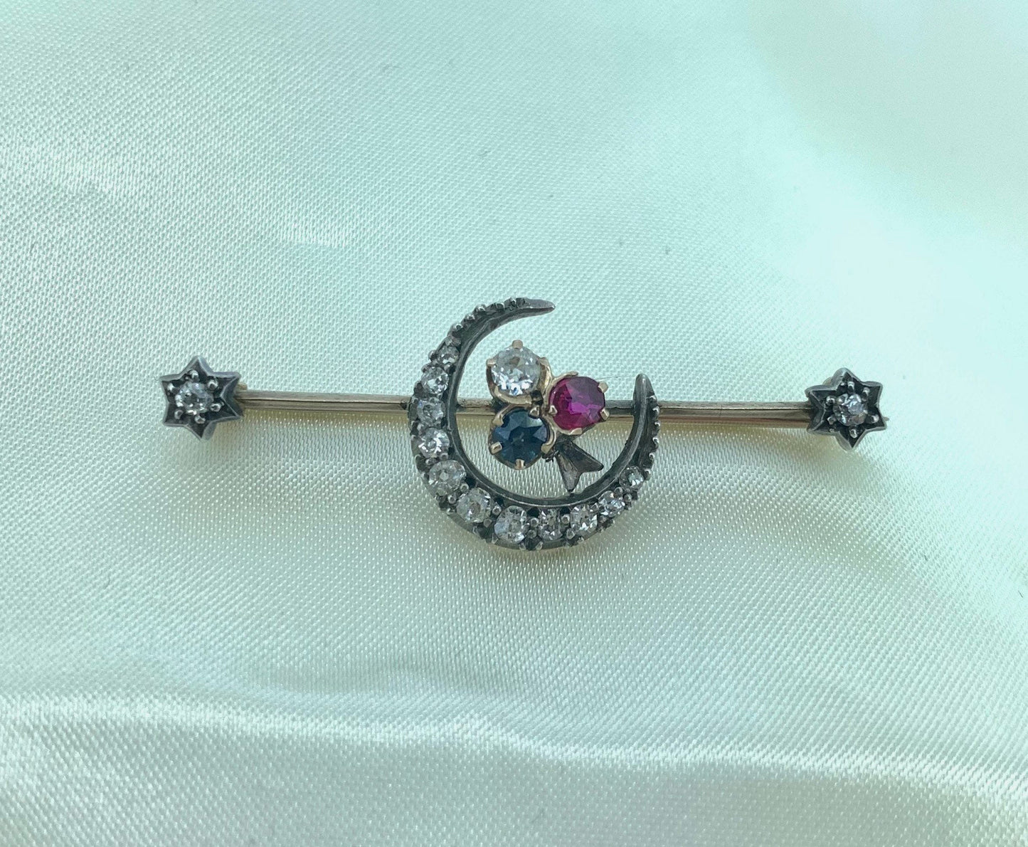 Antique Diamond, Ruby and Sapphire Closed Crescent Moon Brooch. Gold and Silver Set Victorian Brooch. Old European Cut Diamonds.