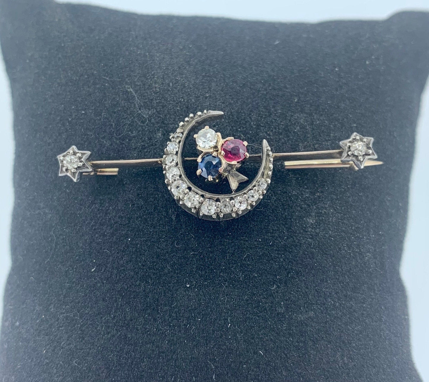 Antique Diamond, Ruby and Sapphire Closed Crescent Moon Brooch. Gold and Silver Set Victorian Brooch. Old European Cut Diamonds.
